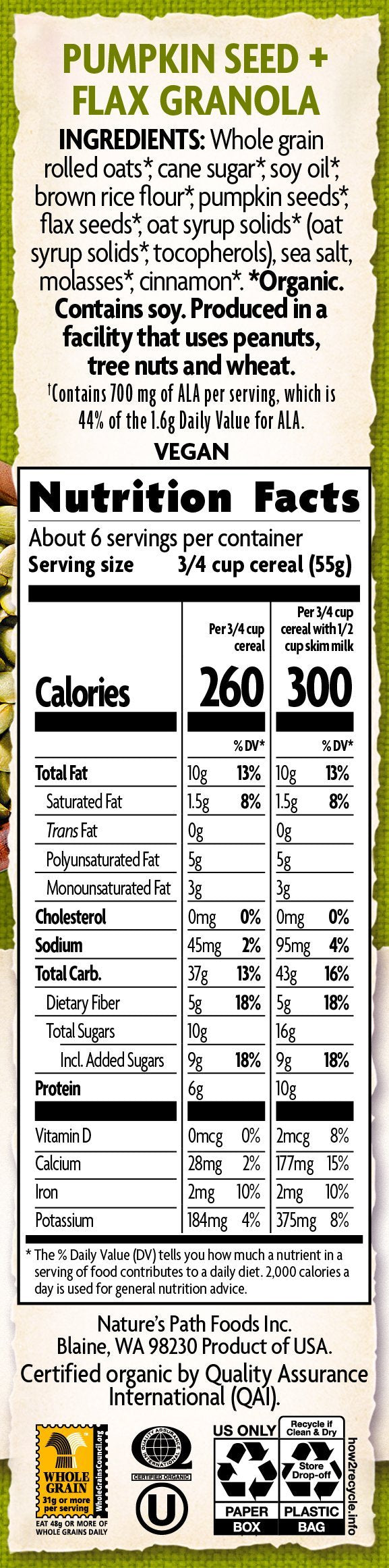 Natures Path Organic Granola Cereal, Pumpkin Seed + Flax, 11.5 Ounce Box (Pack Of 6)
