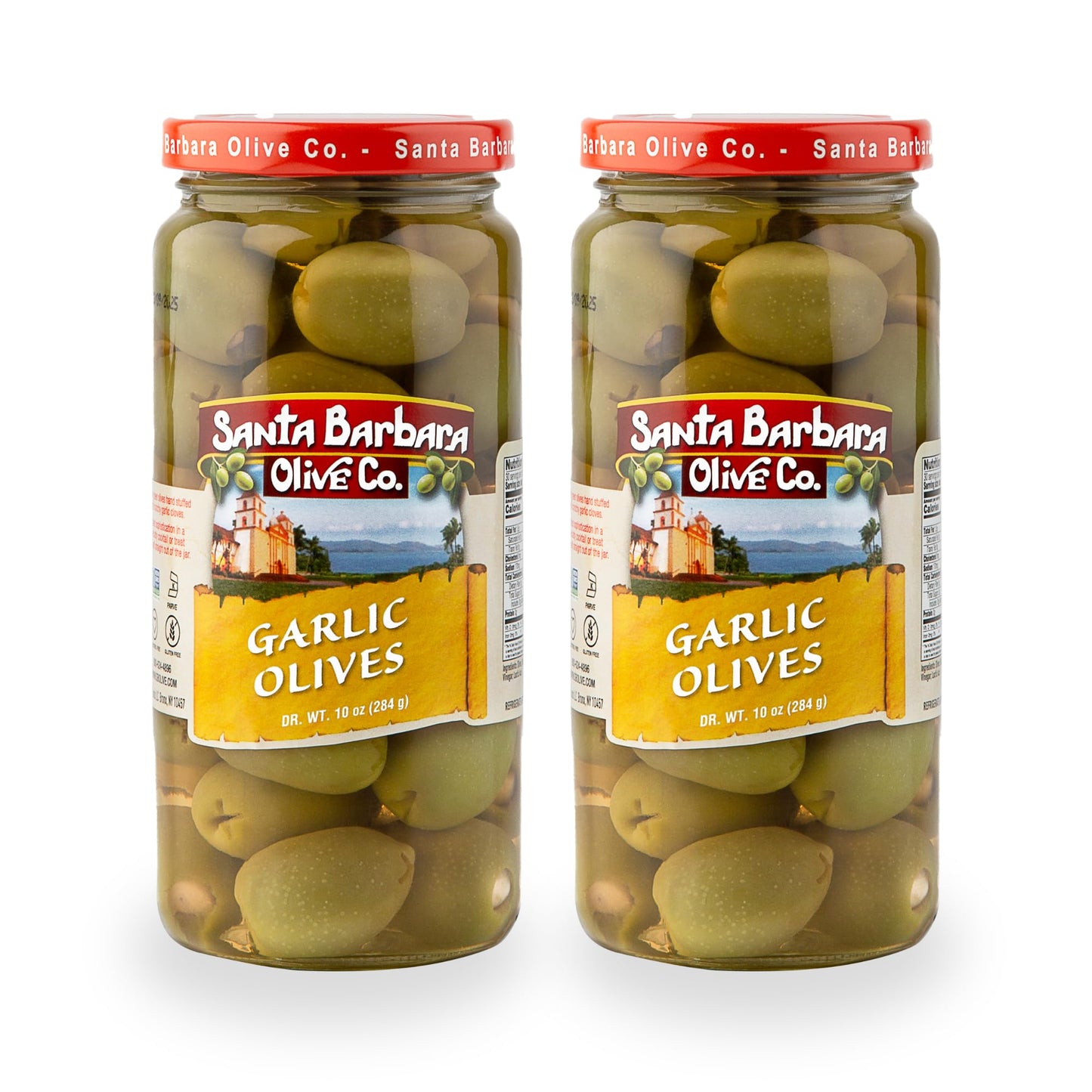 Santa Barbara Gourmet Garlic Stuffed Olives - Meaty Green Olives With Crunchy Garlic - Perfect For Cocktails Or Straight From The Jar - 2-Pack, 10 Oz Each