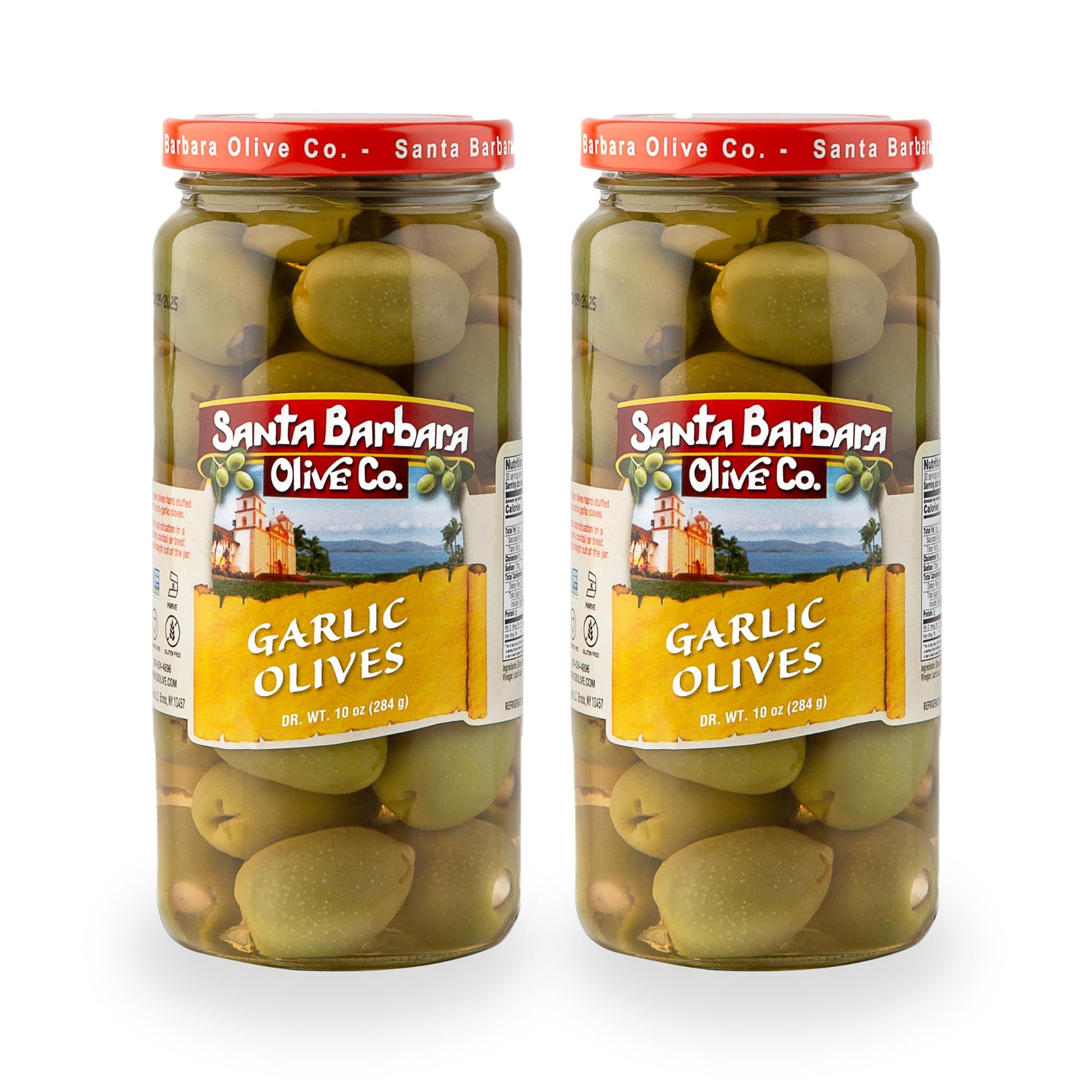 Santa Barbara Gourmet Garlic Stuffed Olives - Meaty Green Olives With Crunchy Garlic - Perfect For Cocktails Or Straight From The Jar - 2-Pack, 10 Oz Each