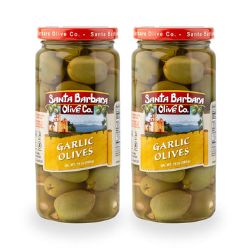 Santa Barbara Gourmet Garlic Stuffed Olives - Meaty Green Olives With Crunchy Garlic - Perfect For Cocktails Or Straight From The Jar - 2-Pack, 10 Oz Each