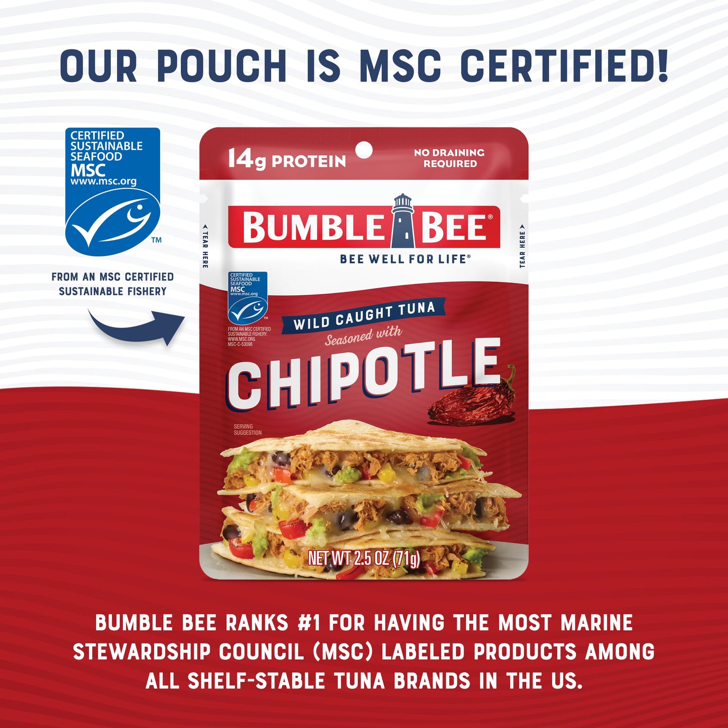 Bumble Bee Chipotle Seasoned Tuna Pouch - 2.5 oz - Ready to Eat, Wild Caught, 14g Protein, Gluten Free