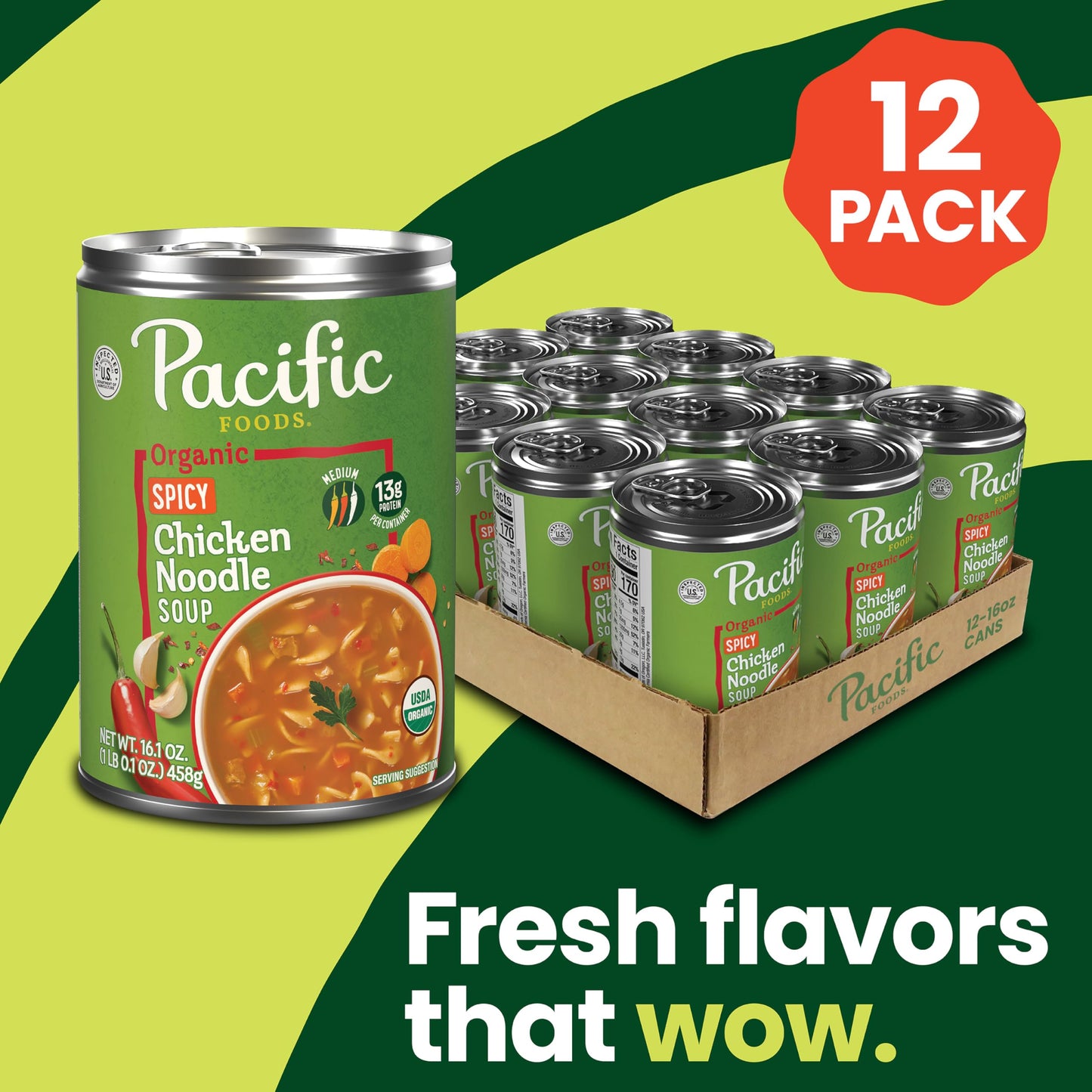 Pacific Foods Organic Spicy Chicken Noodle Soup, 16.1 Oz Can (12 Pack)