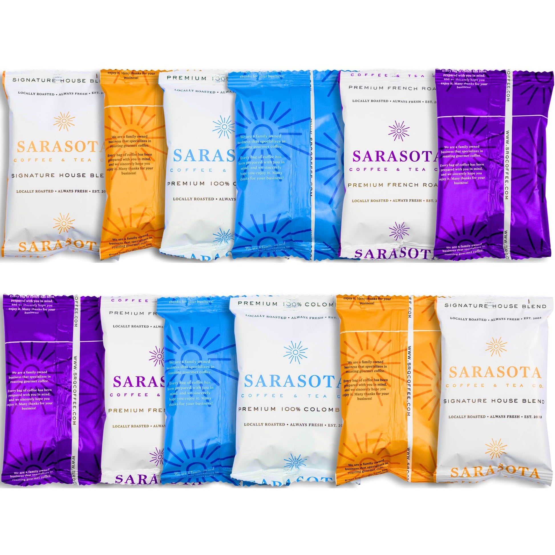 SARASOTA COFFEE & TEA CO. Coffee Ground Packets Gift Set, Assorted Medium, Colombian & Dark Roast, 12 Count, 2 Oz Bags