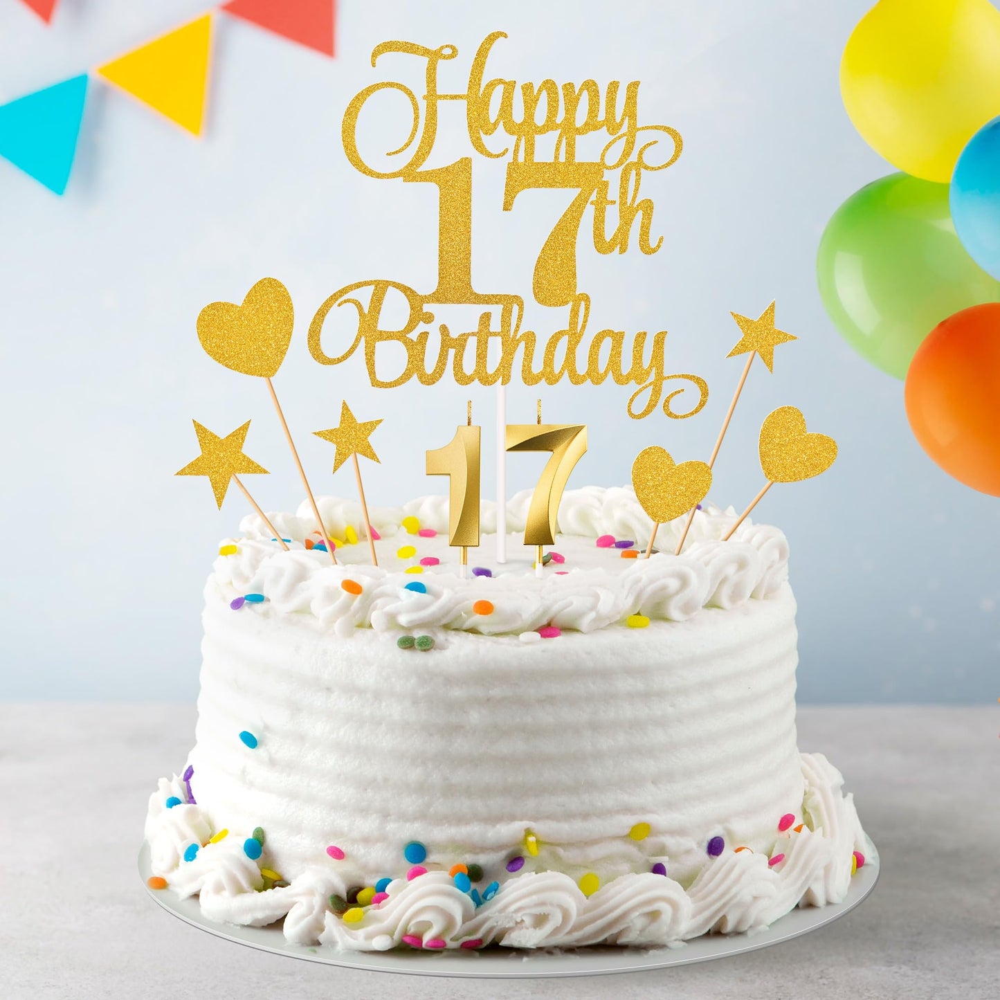 Lecferrarc 17th Birthday Cake Decorations Set, Gold Glitter Toppers and Candles