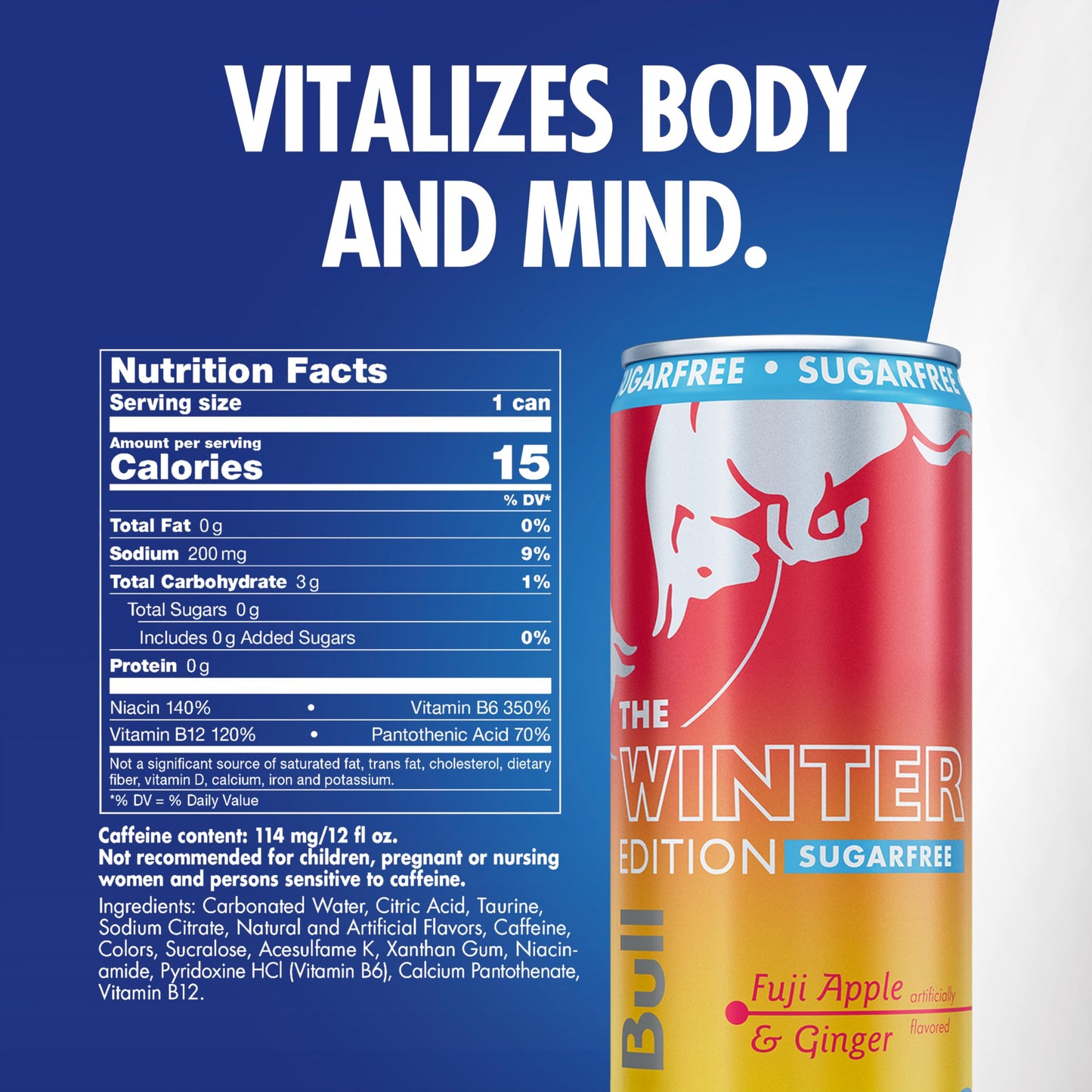 Red Bull Winter Edition Sugarfree Energy Drink  Fuji Apple & Ginger  12 fl. oz.  Pack of 4 cans  with 114mg Caffeine  Taurine & B Vitamins