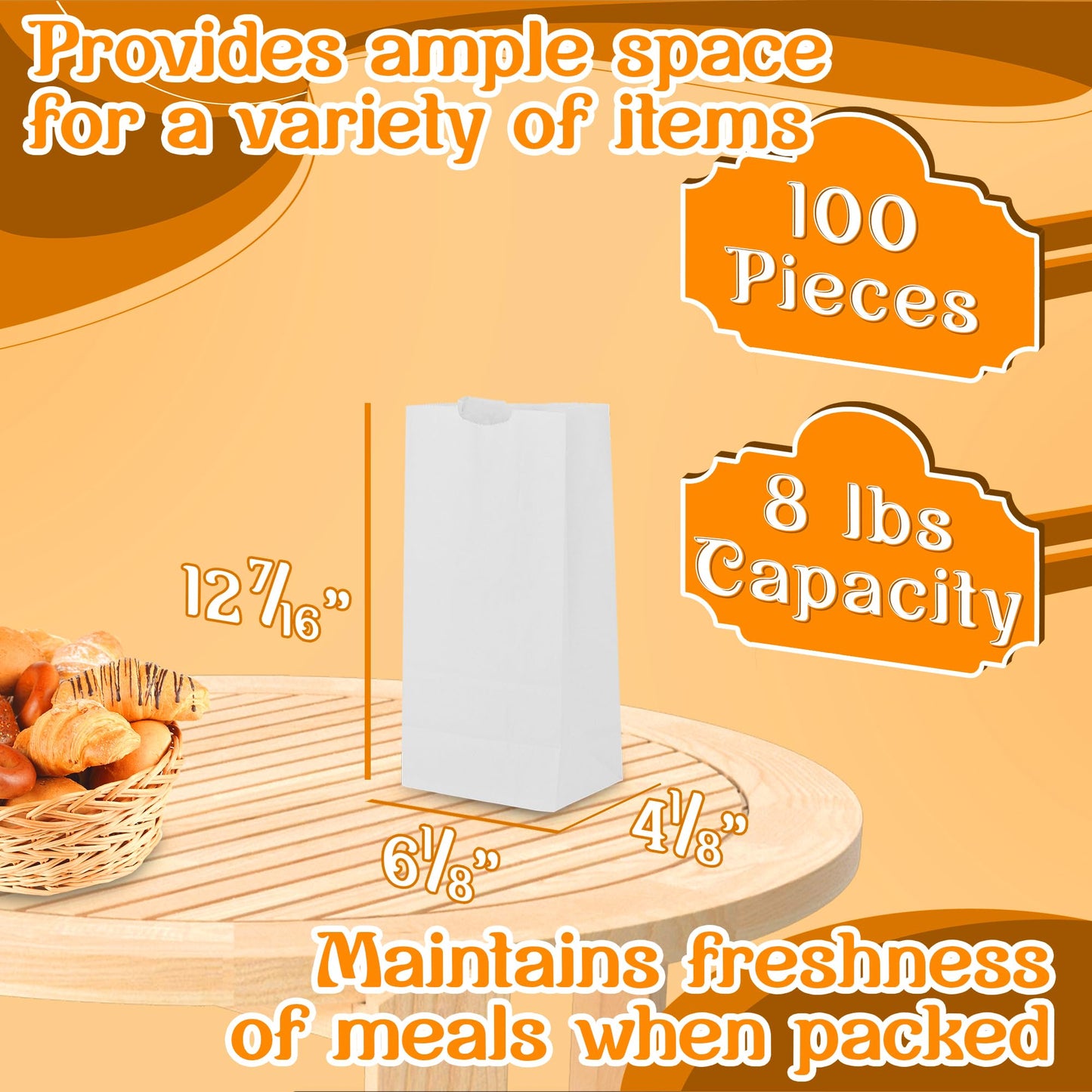 Mt Product White Paper Bags - 8 Lbs. Capacity, Multipurpose Grocery Bags - Disposable Paper Lunch Bags Perfect For Shopping, Sto