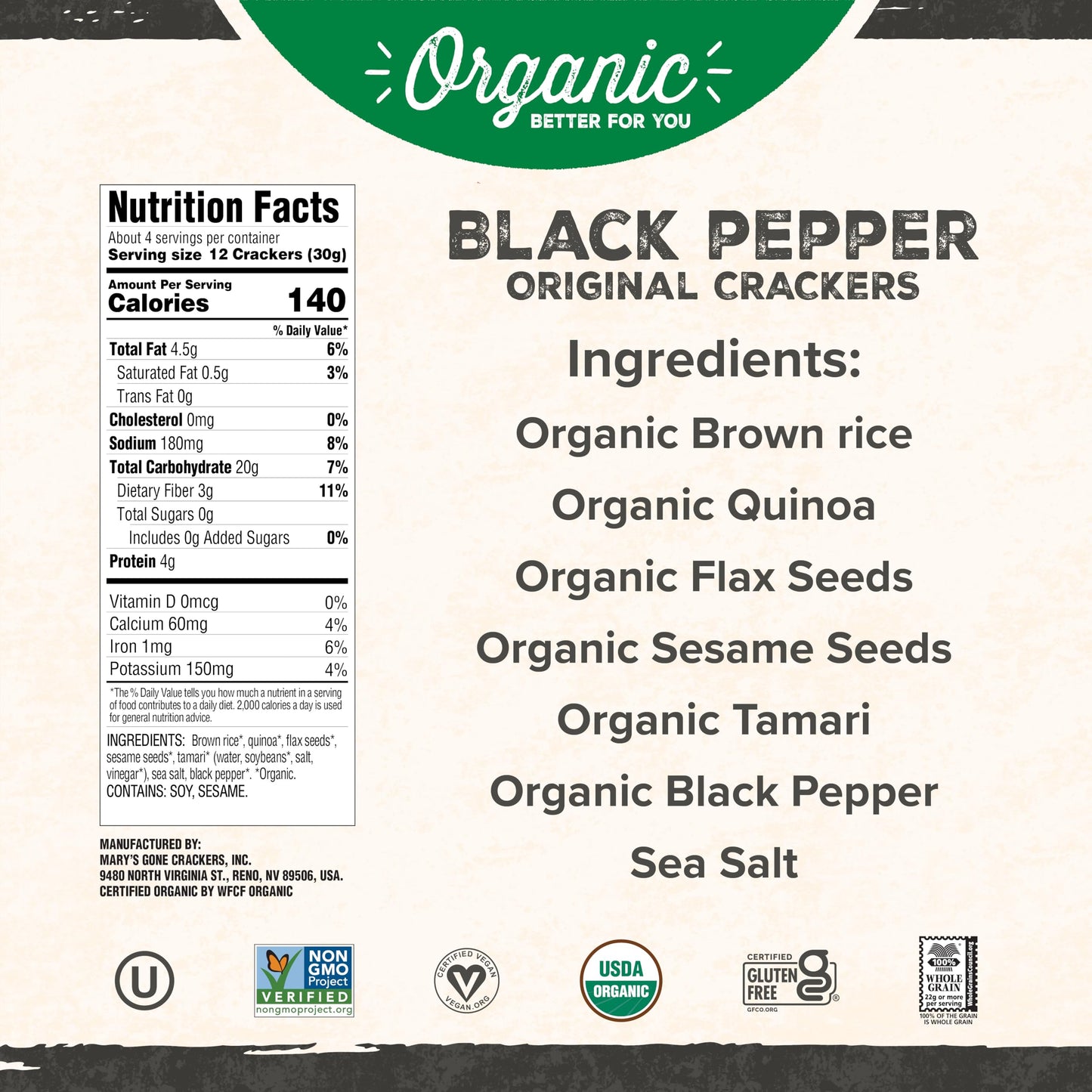 Mary'S Gone Crackers Black Pepper Crackers, Vegan Friendly, Kosher, Usda Certified Organic, Gluten Free & Non-Gmo, 4 Ounce (Pack