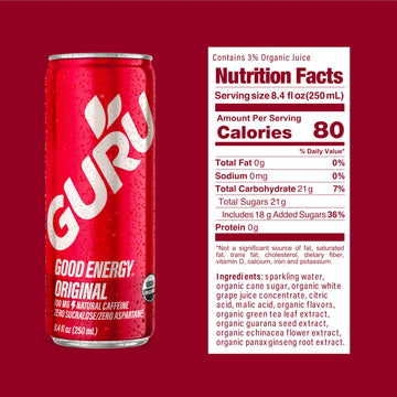 GURU Original Organic Energy Drink, Plant-Based Caffeine, Gluten Free, Vegan, 100MG Caffeine, 8.4oz, Pack of 24