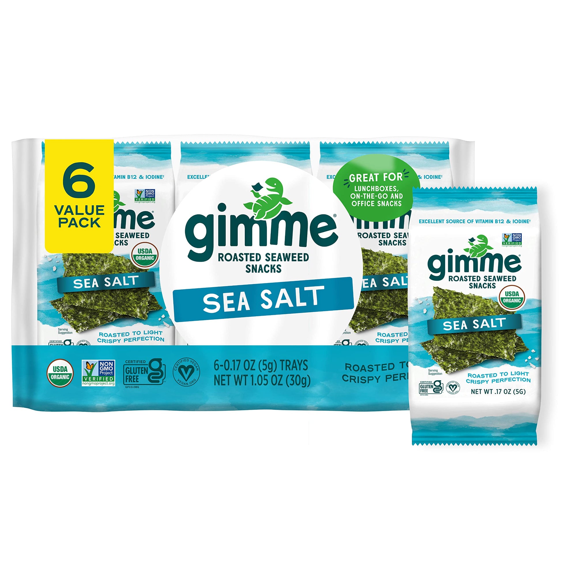 gimMe Seaweed Snacks - Sea Salt Flavor - 6 Count (5g each) - Multi Color
