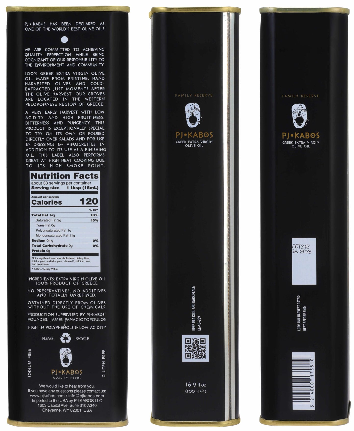 P.J. Kabos 2024/25 Harvest, Very High Phenolic (750+Mg/Kg), Natural Greek Extra Virgin Olive Oil, Kosher, Greece, Cold Extracted, 16.9 Oz Tin, Family Reserve - Robust (3-Pack)