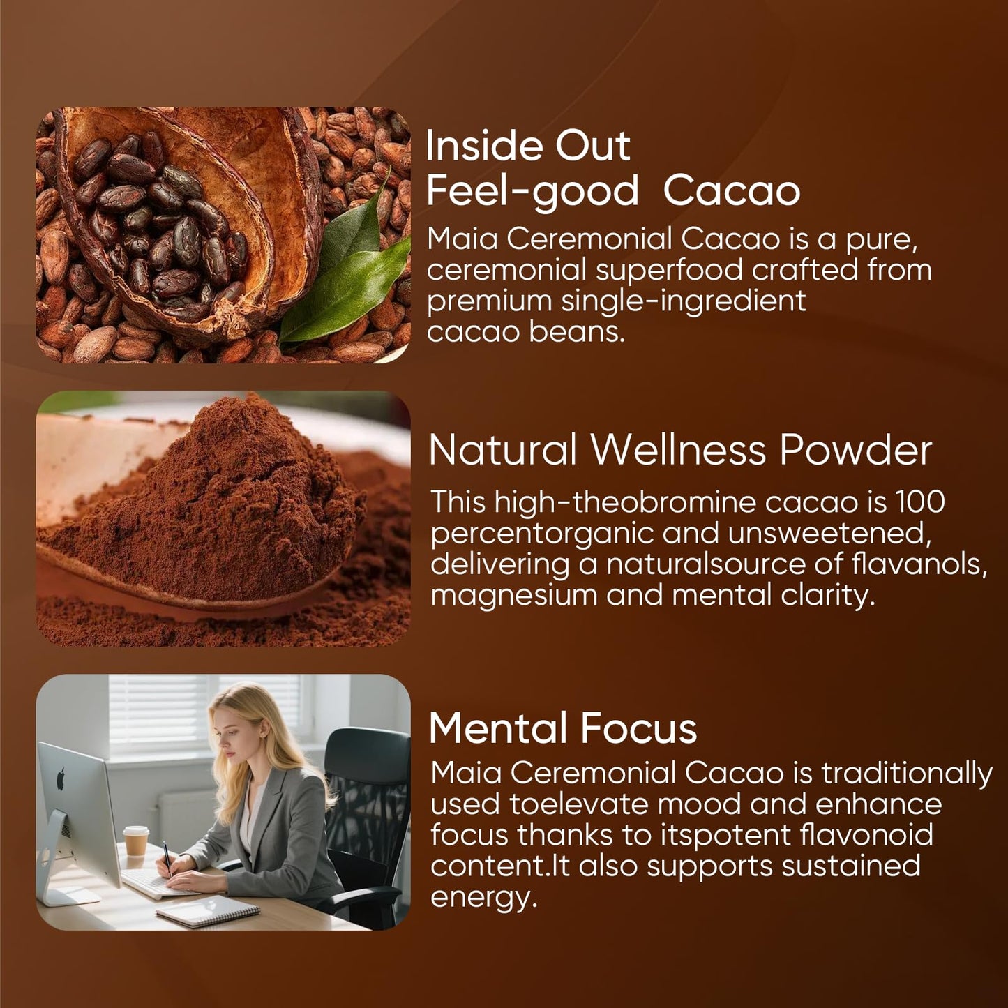 Maia Ceremonial Cacao  with Flavanol  Theobromine  Magnesium and Natural Flavonoids Blend  Improves Mental Clarity and Focus  Energy Boost & Elevate Mood  Zero Sugar 100% Pure and Natural