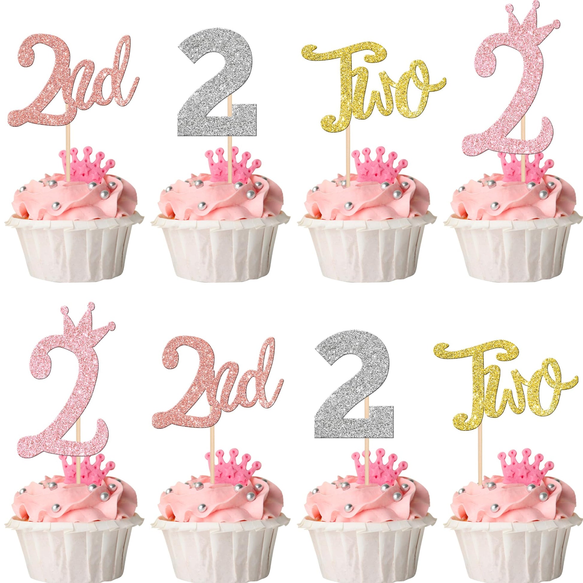 24 PCS Two Cupcake Toppers Glitter Crown Two 2nd Birthday Cupcake Picks Number 2 Two Cake Picks for Baby Shower Kids Second Birt