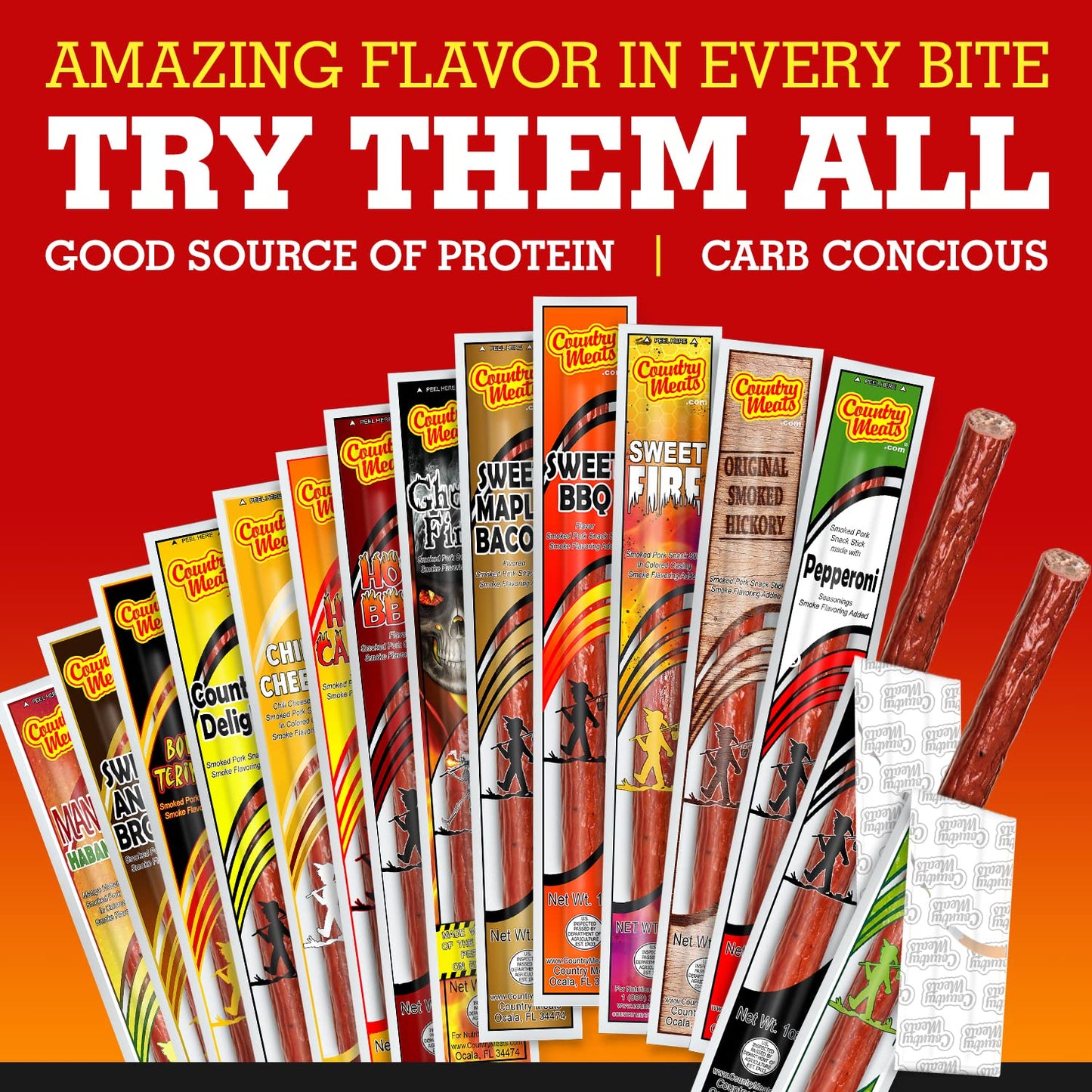 Country Meats Meat Sticks Variety Pack, 0 Trans Fat, USDA Certified, Protein Snack, 1.08 oz (Pack of 13)