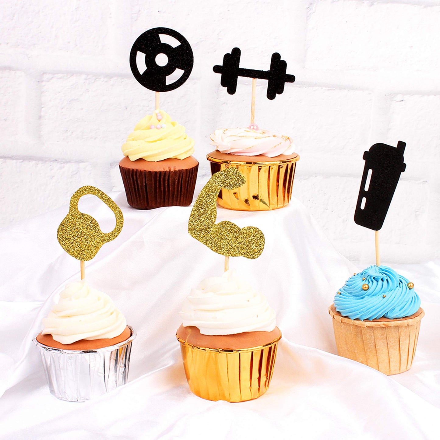 Ercadio 30 Pack Gym Workout Cupcake Toppers Glitter Biceps Dumbbells Kettlebells Abodominal Wheels Bodybuilding Cupcake Picks Fi