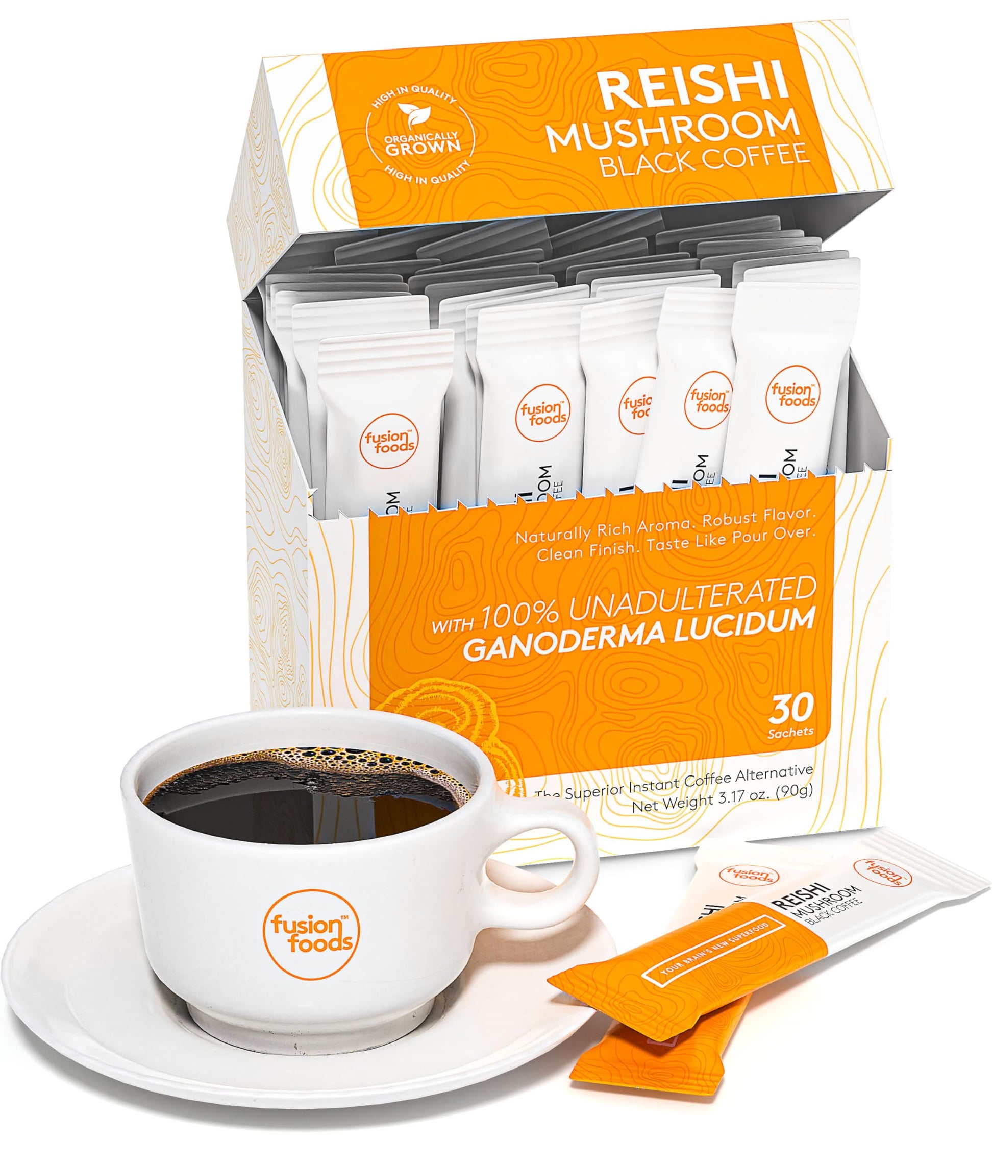 Reishi Mushroom Black Coffee By Fusion Foods™ | All Natural Unadulterated Reishi Mushroom Ganoderma | Robust Aroma & Taste - 30 Counts