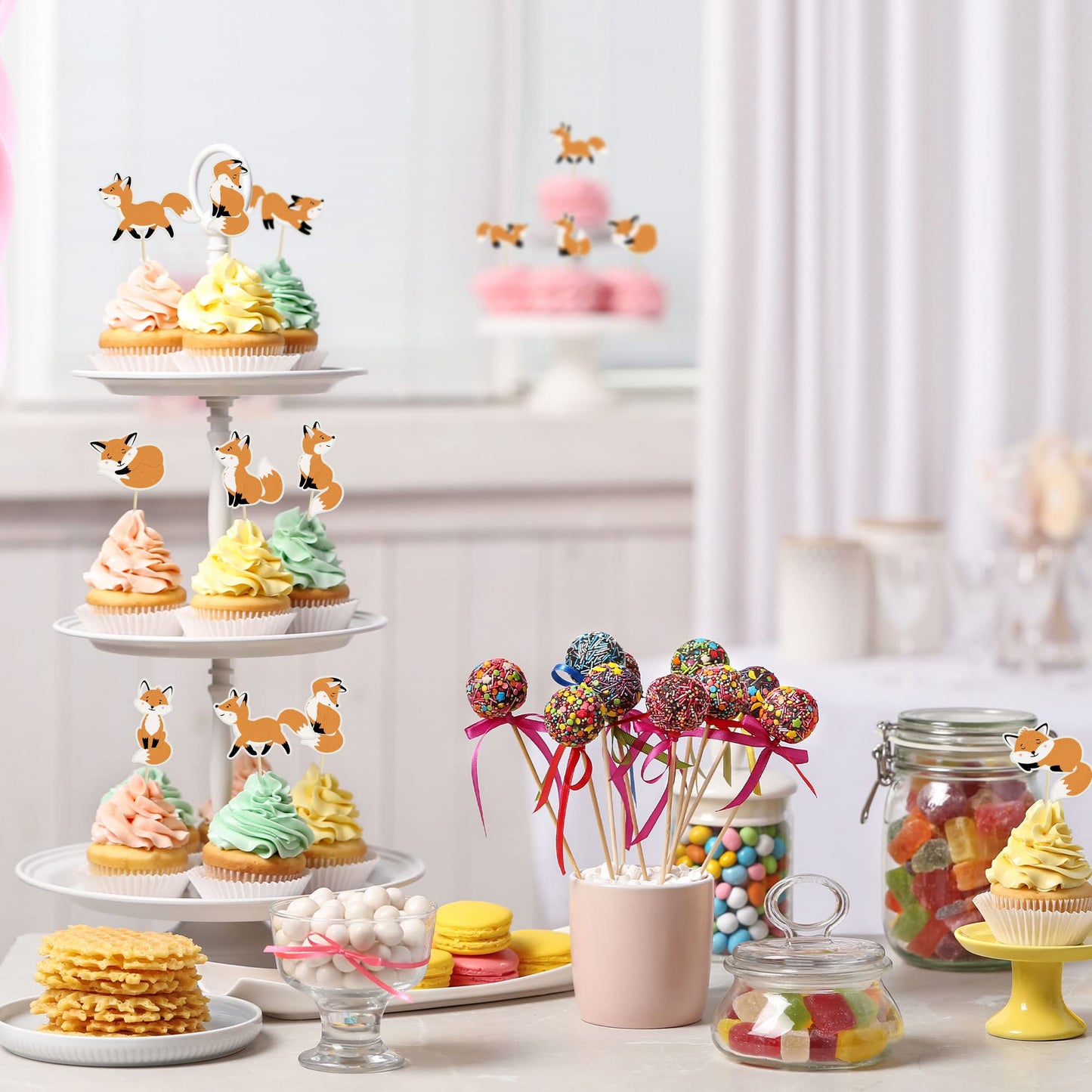 Gyufise 32Pcs Fox Cupcake Toppers Animal Babyshower Cake Picks For Woodland Animal Themed Baby Shower Birthday Party Table Decor