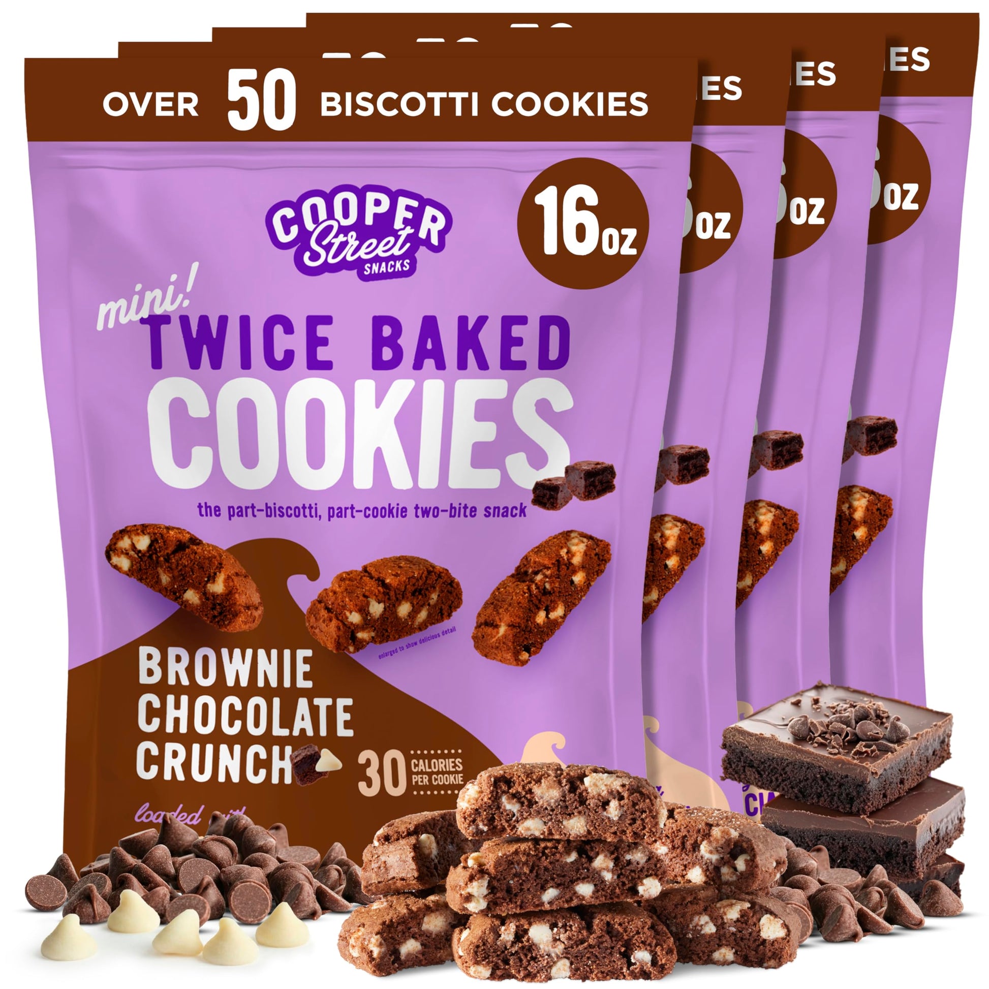 Cooper Street Twice-Baked Brownie Chocolate Biscotti Cookies (16Oz Each  Pack Of 4) - 50 Two-Bite Mini Italian Style Snacks - Dairy-Free  Peanut Free  Kosher  Low-Calorie  Perfect With Coffee Or Tea