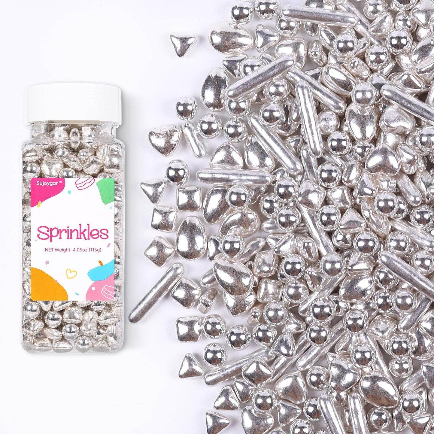 Sujoygar Metallic Sprinkles for Cake Decorating, Light Silver Pearl Sugar Rods Candy, Silver Sprinkles for Baking Cupcake Topper