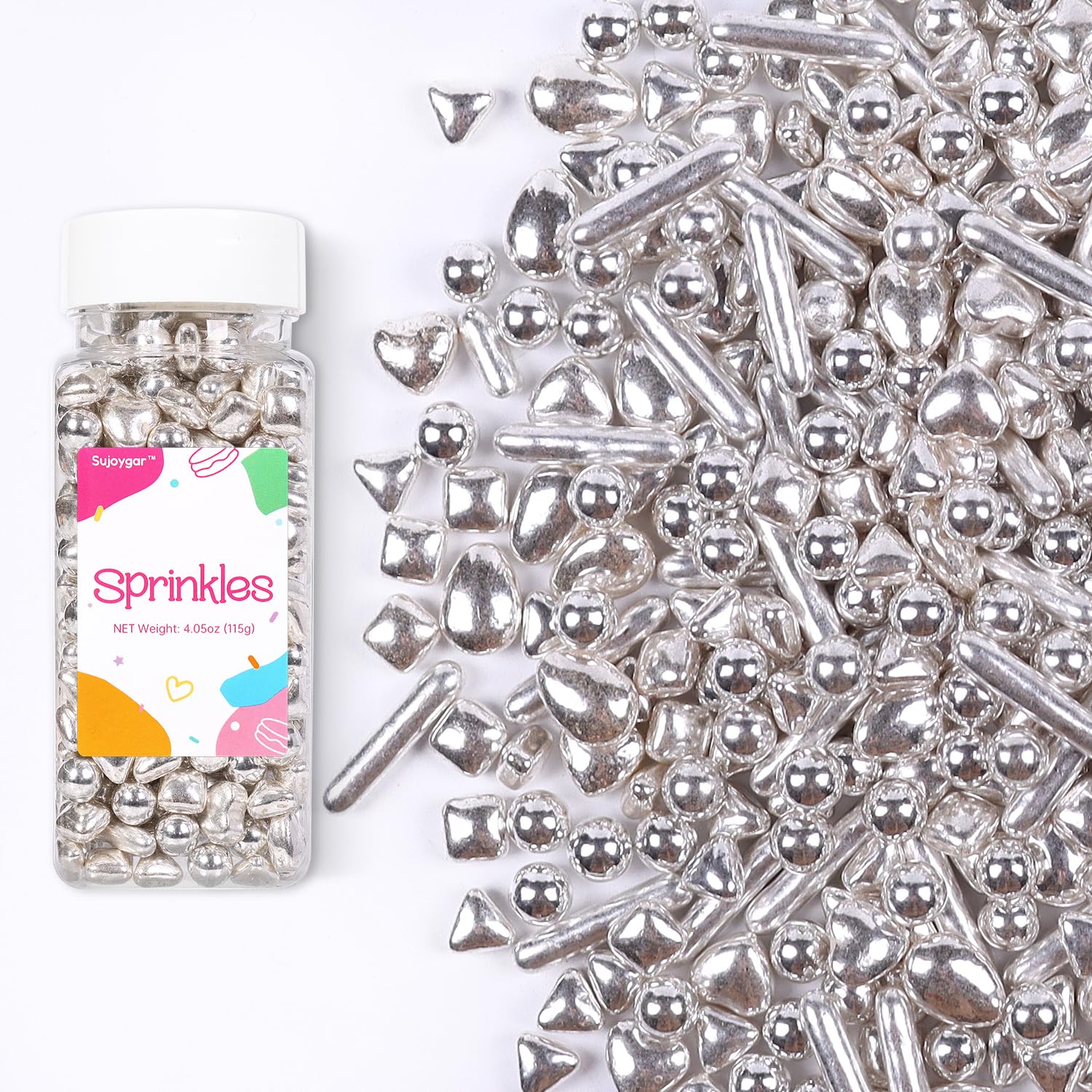 Sujoygar Metallic Sprinkles for Cake Decorating, Light Silver Pearl Sugar Rods Candy, Silver Sprinkles for Baking Cupcake Topper