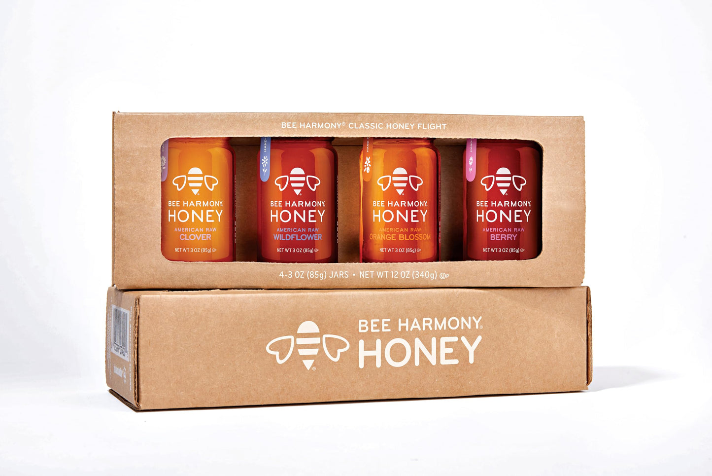 Bee Harmony Classic Honey Flight, Mini Honey Gift Set, 4 Jars, 3 Oz Each, Premium Raw Honey, Made In The Usa