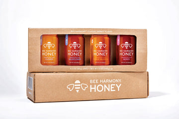 Bee Harmony Classic Honey Flight, Mini Honey Gift Set, 4 Jars, 3 Oz Each, Premium Raw Honey, Made In The Usa