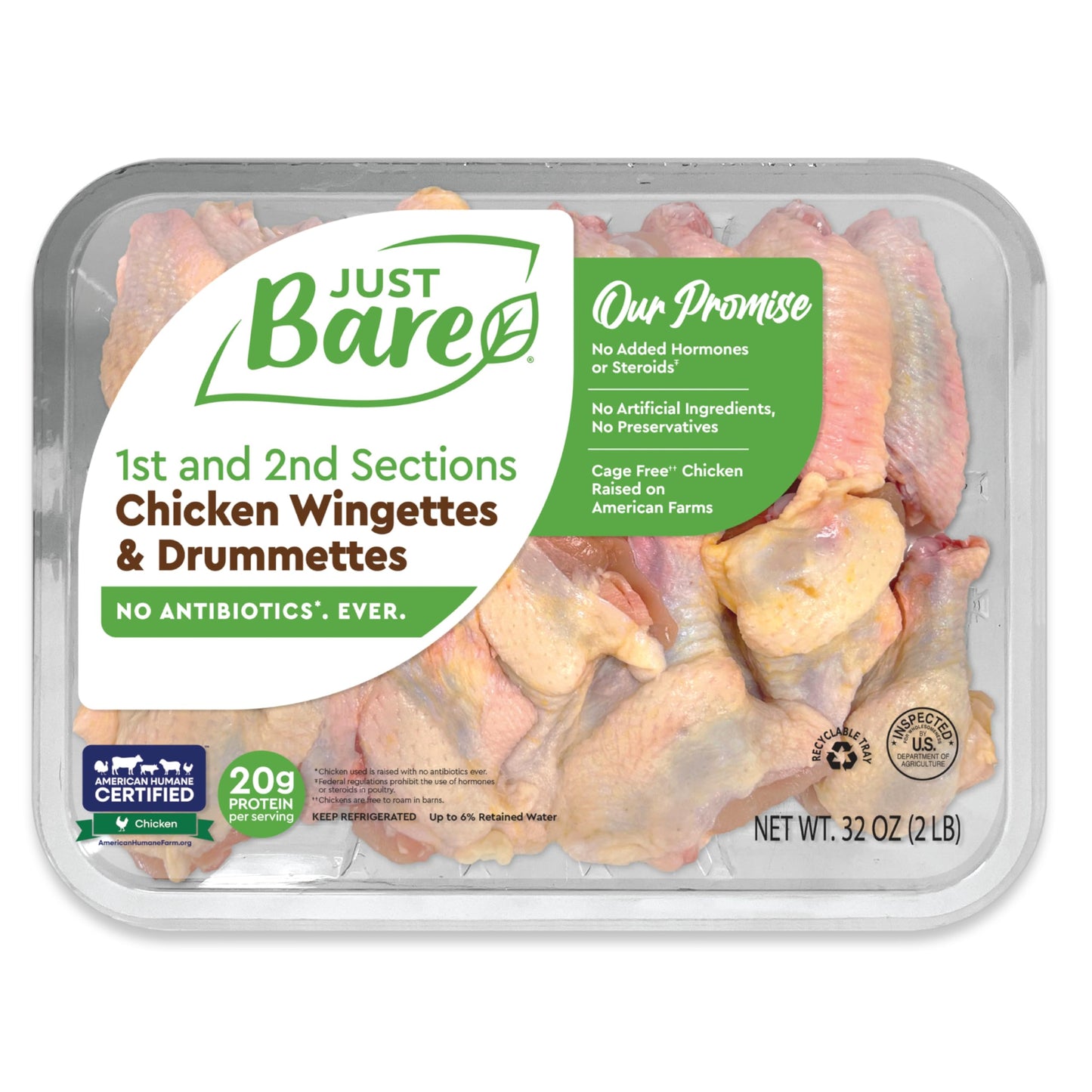 Just Bare All Natural Fresh Chicken Wingettes & Drumettes | Family Pack | No Antibiotics Ever | Bone-In | 2.0 LB