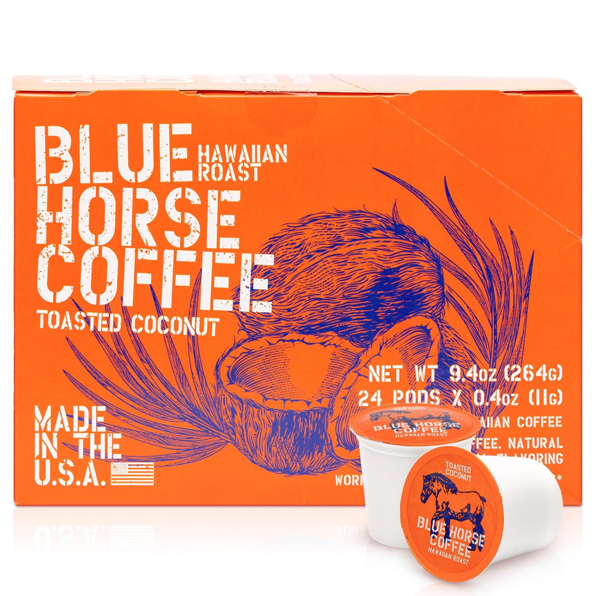 Blue Horse 'Gentle Giant' Hawaiian Roast (20% Kona) Coffee Pods - Toasted Coconut - Medium Roast, 24ct Single Serve, Compatible 
