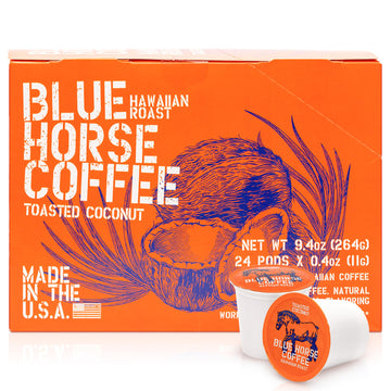 Blue Horse 'Gentle Giant' Hawaiian Roast (20% Kona) Coffee Pods - Toasted Coconut - Medium Roast, 24ct Single Serve, Compatible 