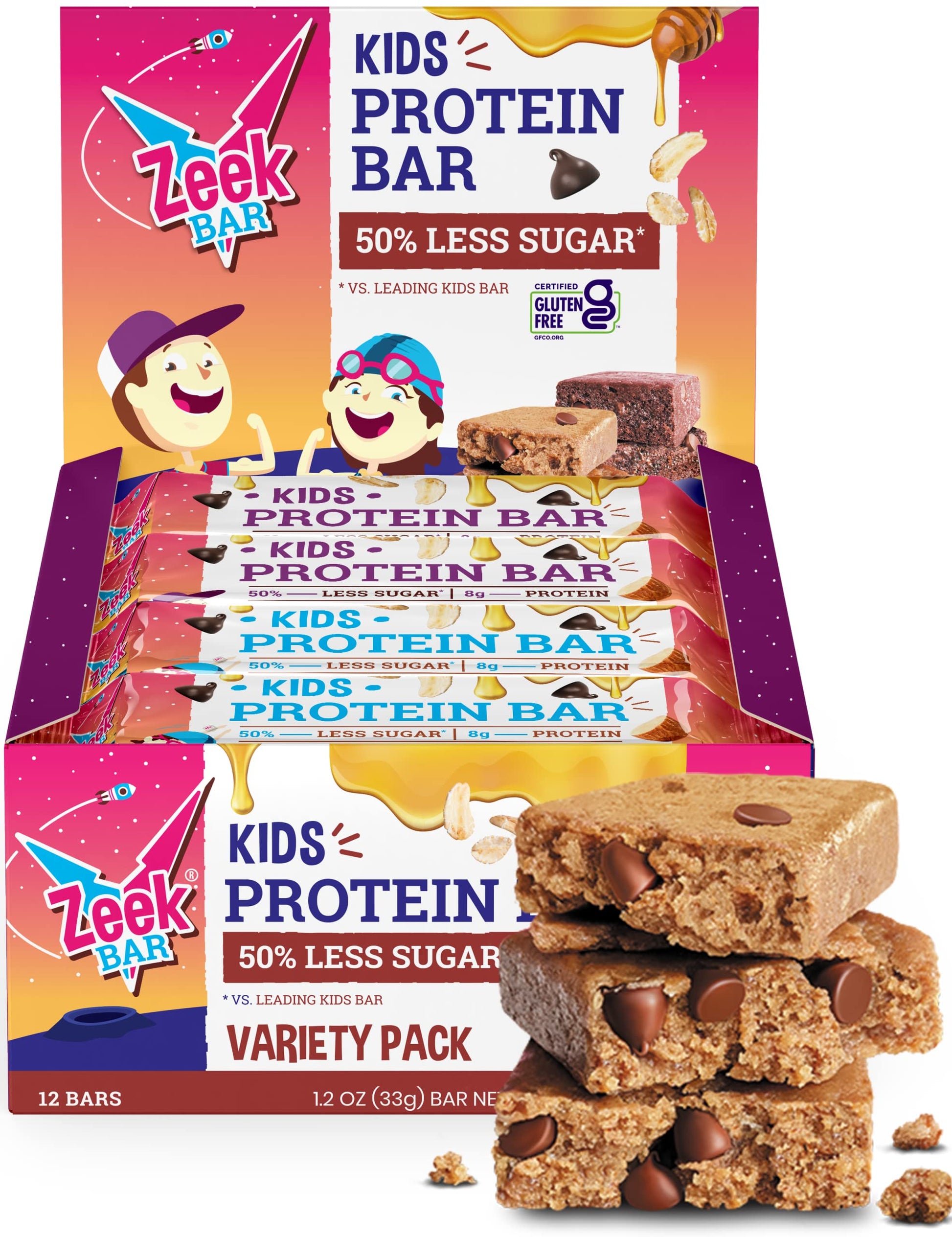 Zeek Bar - Kids Protein Bars - 50% Less Sugar, 8G Protein - All Natural, Non-Gmo, Gluten Free - Variety, 12 Count
