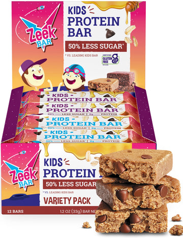 Zeek Bar - Kids Protein Bars - 50% Less Sugar, 8G Protein - All Natural, Non-Gmo, Gluten Free - Variety, 12 Count