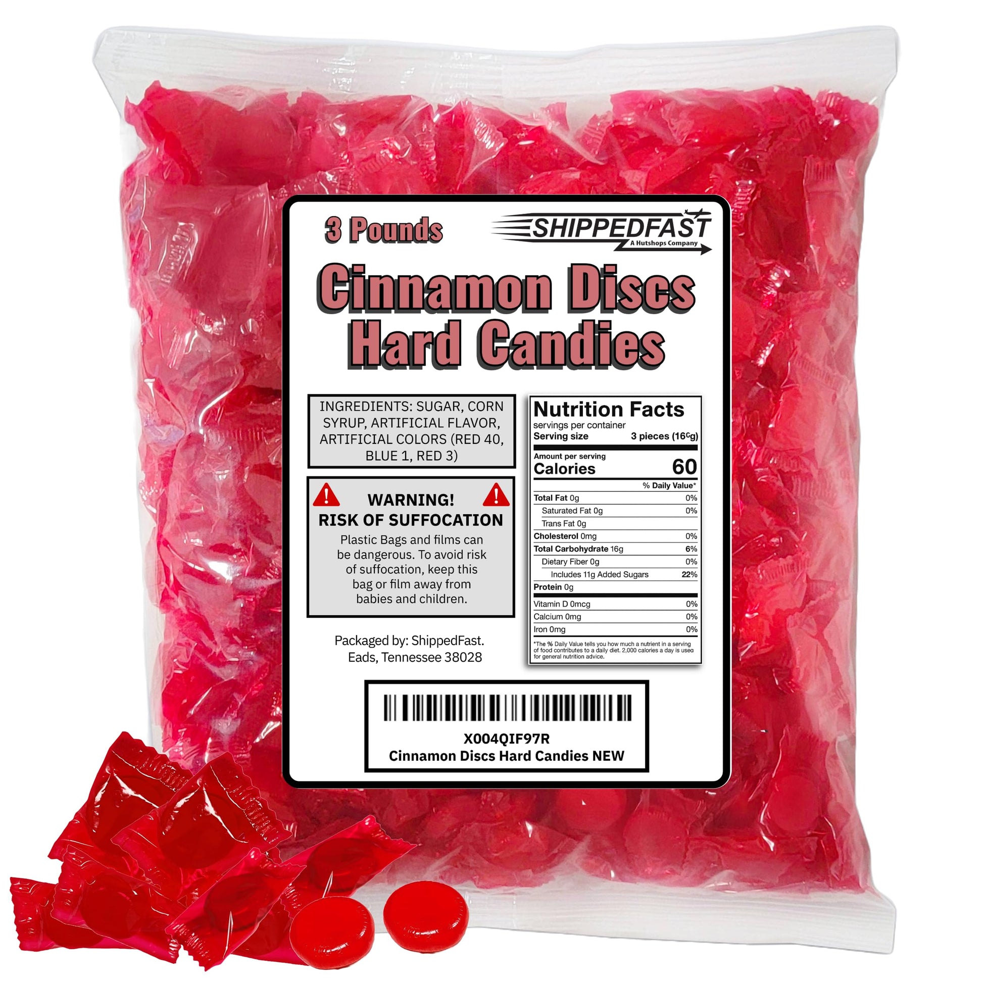 Shippedfast Cinnamon Discs Hard Candies - Individually Wrapped Red Cinnamon Candy Disks, 3 Pound Bag