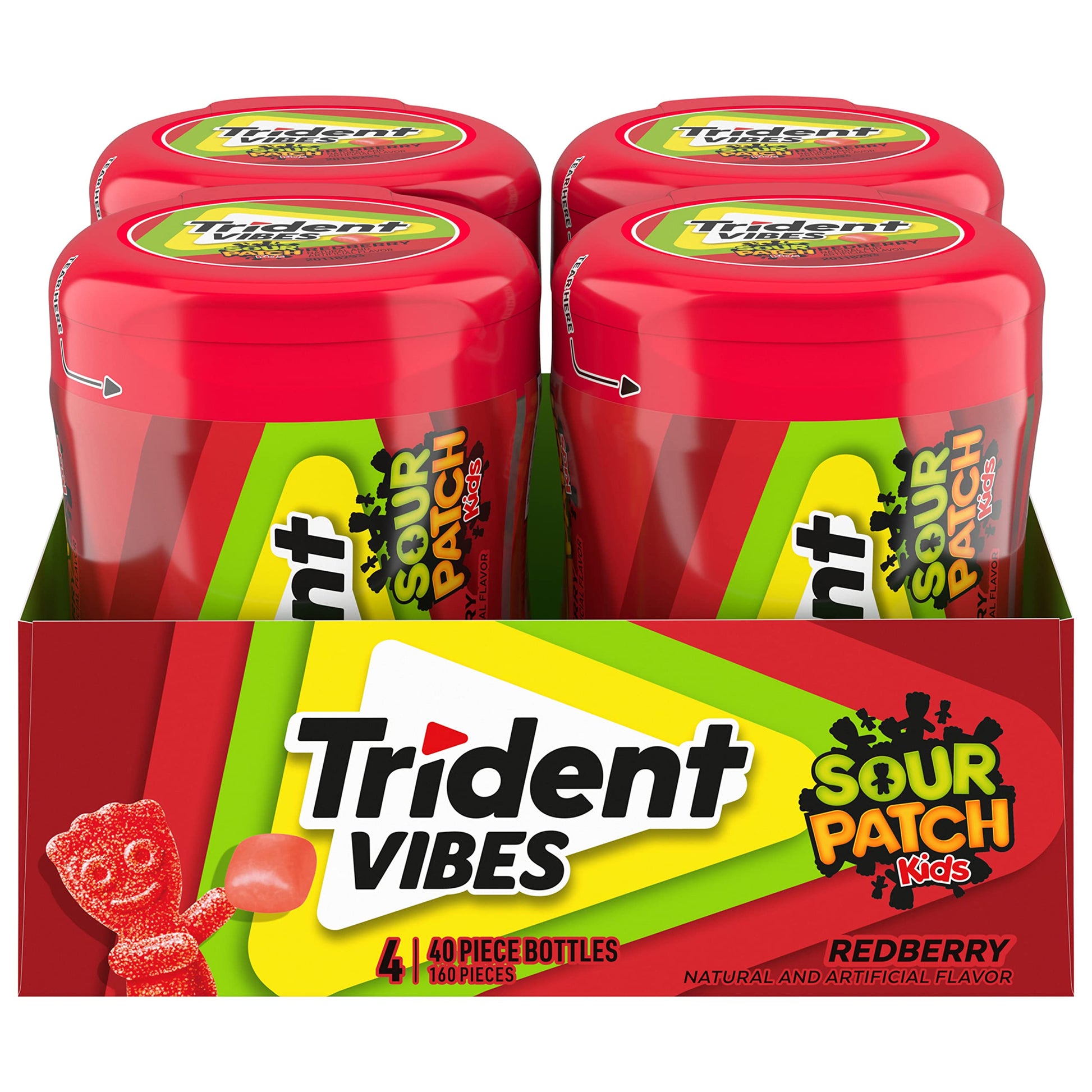 Trident Vibes SOUR PATCH KIDS Redberry Sugar Free Gum, 4-40 Piece Bottles (160 Total Pieces)