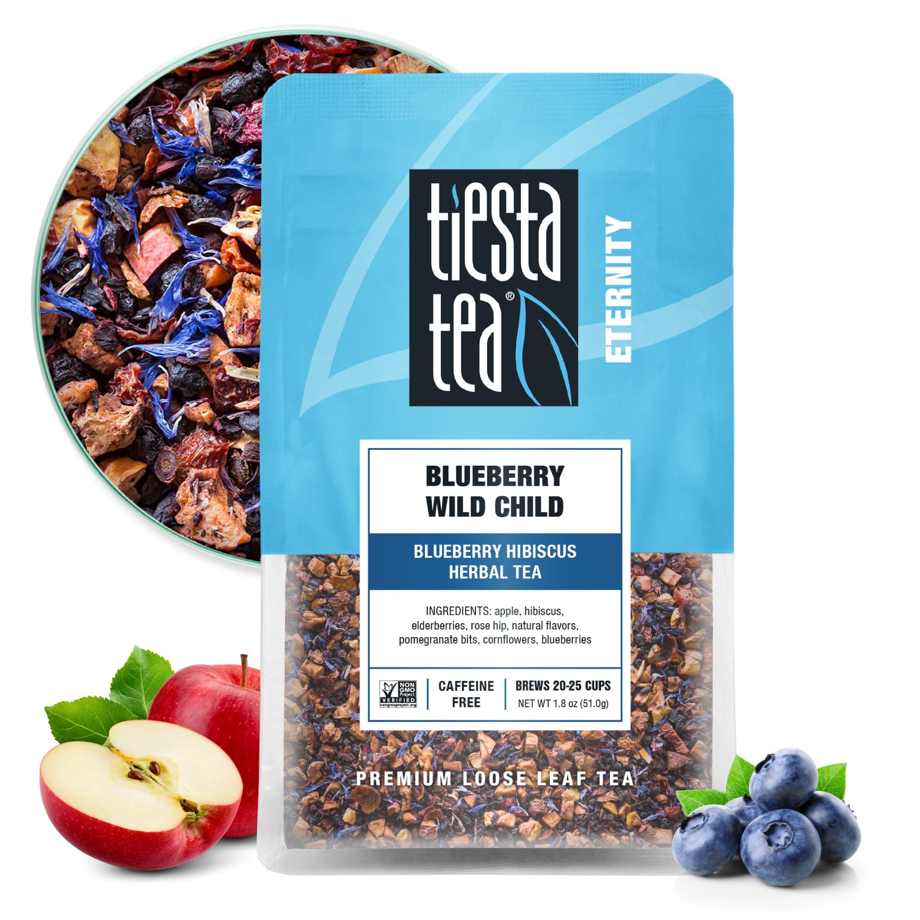 Tiesta Tea Blueberry Wild Child, Loose Leaf, Blueberry Hibiscus Herbal Tea, enhanced Non-Caffeinated Fruit Blend, Make Hot or Iced & Brews Up to 25 Cups, 1.8 Ounce Resealable Pouch
