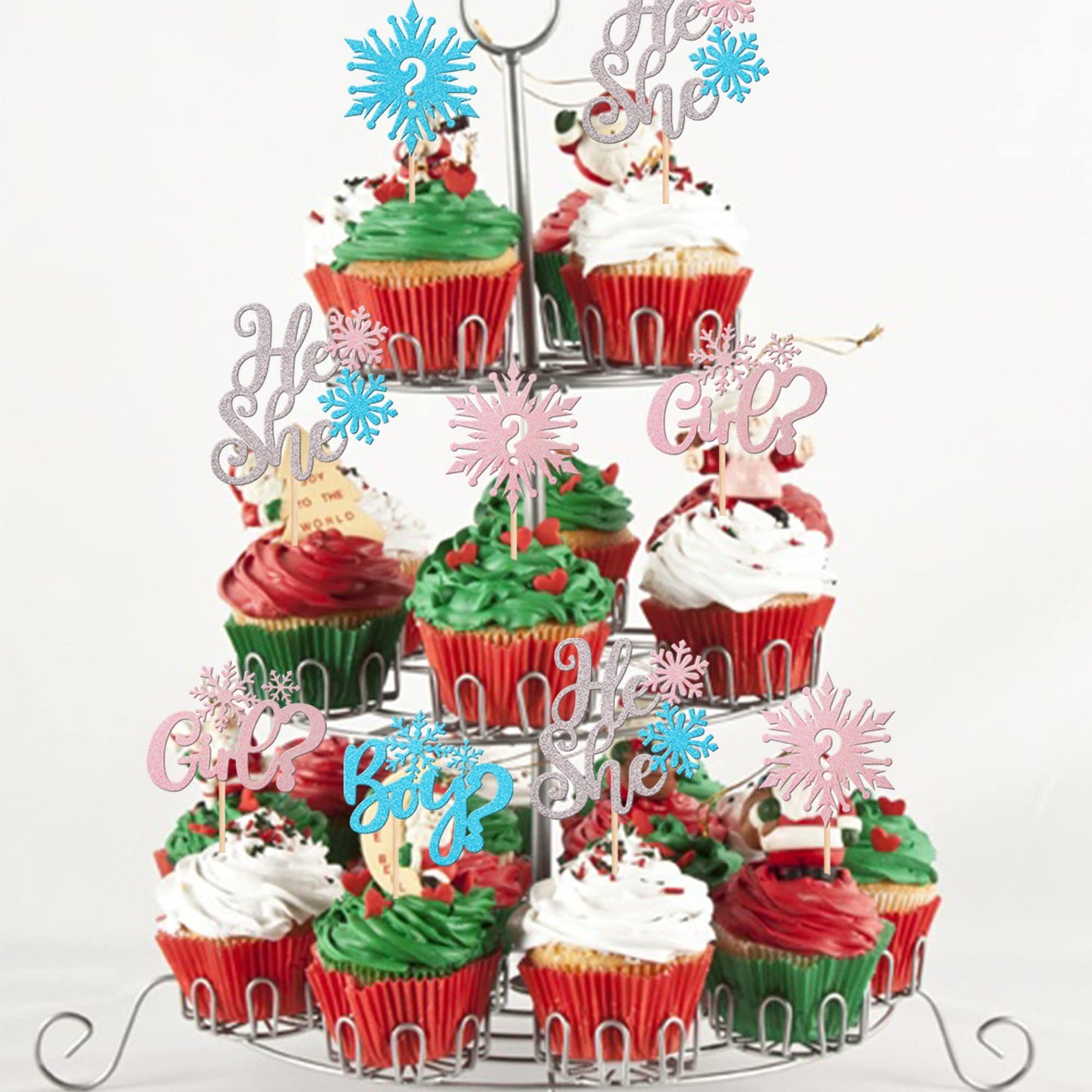 24 Pcs Snowflake Boy Or Girl Cupcake Toppers Glitter He Or She Snoweflake Cupcake Picks Gender Reveal Cake Decorations For Winte