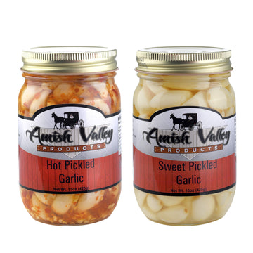 Amish Valley Products Country Pickled Garlic Sweet or Hot Flavor 15 oz Glass Jar (Sweet/Hot, 2 - 15oz JARS)