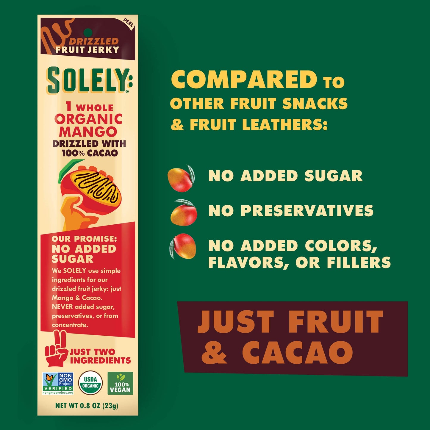 SOLELY - Organic Mango Chocolate Drizzled Fruit Jerky - 12 Individually Wrapped Strips - Fruit Leather Made from Dried Fruit - H