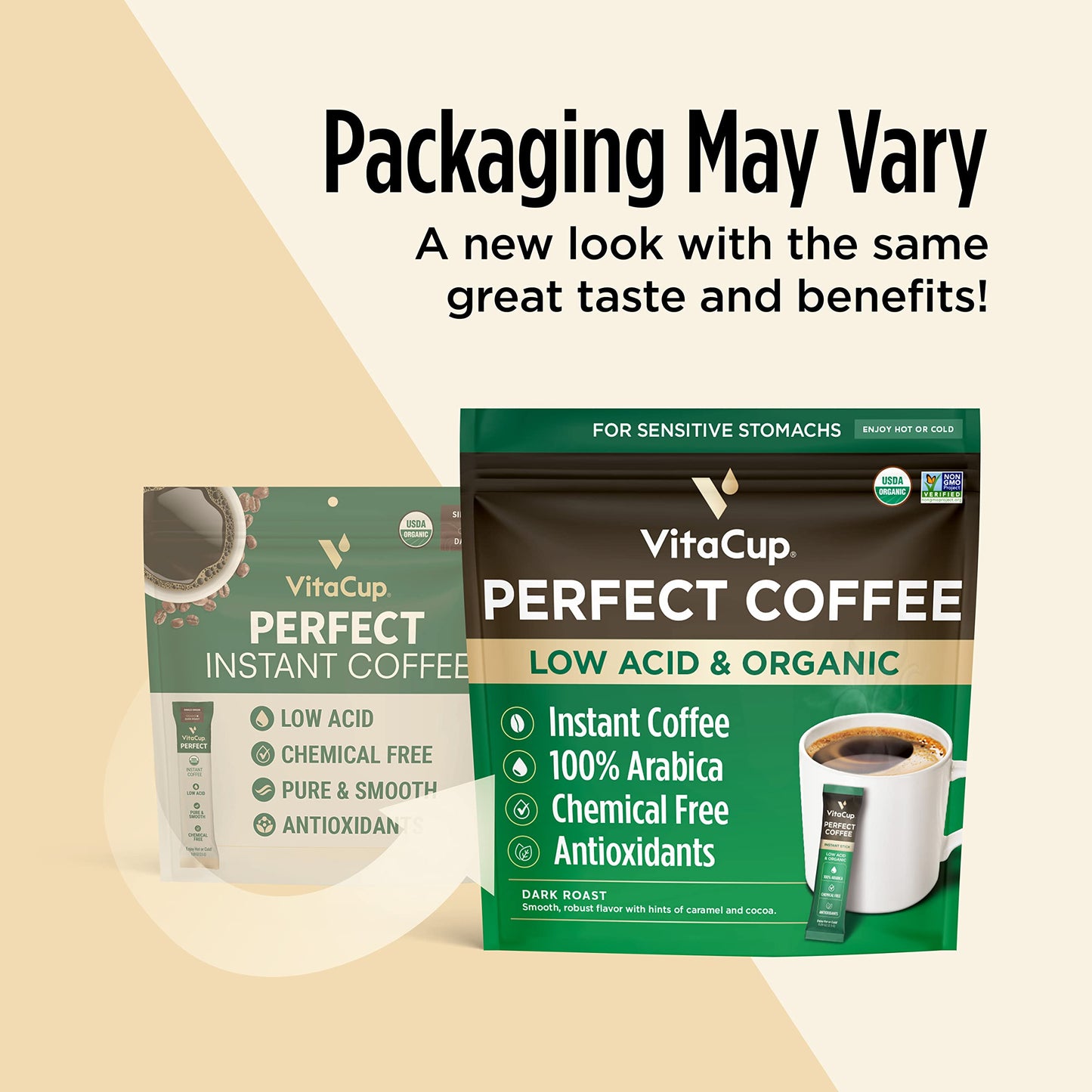 VitaCup Perfect Low Acid Instant Coffee Packets, Dark Roast Coffee, USDA Organic & Fair Trade, Third Party Tested for Mycotoxins