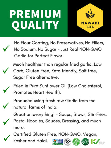 Fried Garlic | 100% Natural (Non-GMO) | Gluten Free | KETO Friendly | No Sodium | Low Carb | Resealable Bag | 8oz | By Nawabi Li