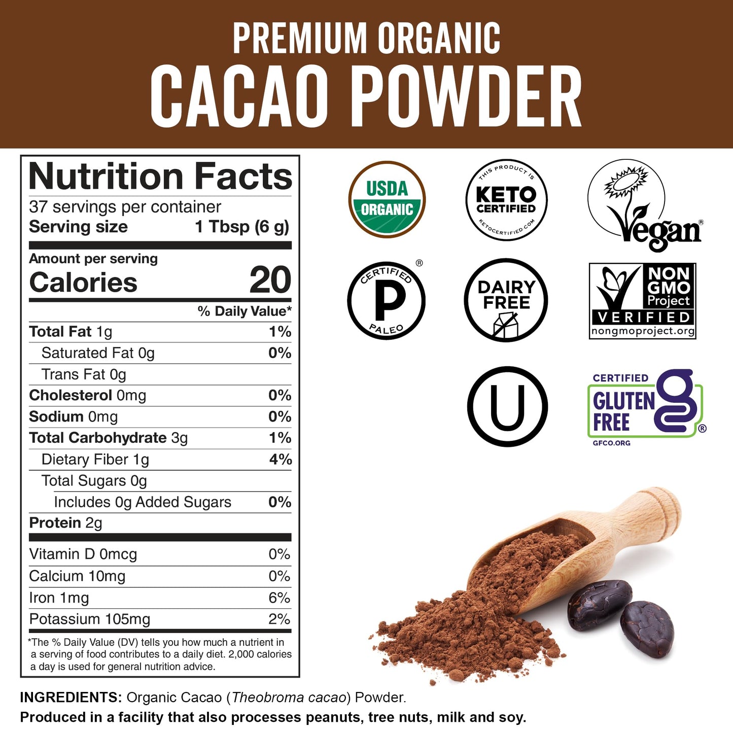 Viva Naturals Organic Cacao Powder  8 oz - Unsweetened Cocoa Powder With Rich Dark Chocolate Flavor  Perfect for Baking & Smoothies - Certified Vegan  Keto & Paleo  Non-GMO & Gluten-Free  227 g