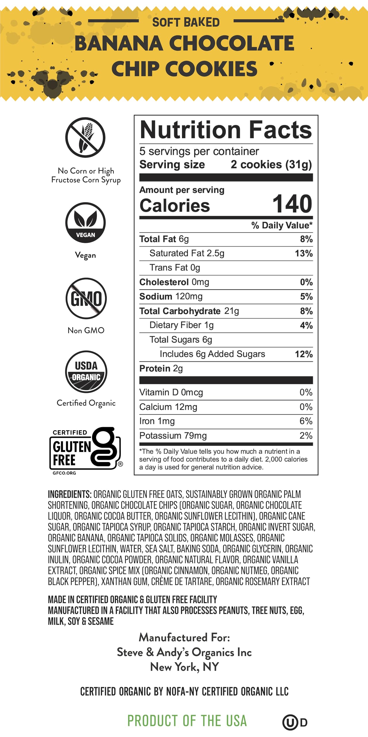Vegan, Organic and Gluten Free Soft-Baked Banana Chocolate Chip Cookies by Steve & Andys, Non-GMO, Dairy Free, 5.5 oz (Pack of 1