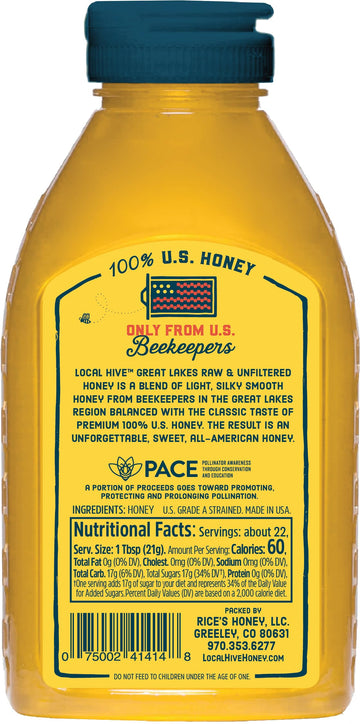 Local Hive Great Lakes Raw Unfiltered Honey - 16 Oz, 100% Pure Us Honey, Sourced From American Bees And Beekeepers - Natural Swe