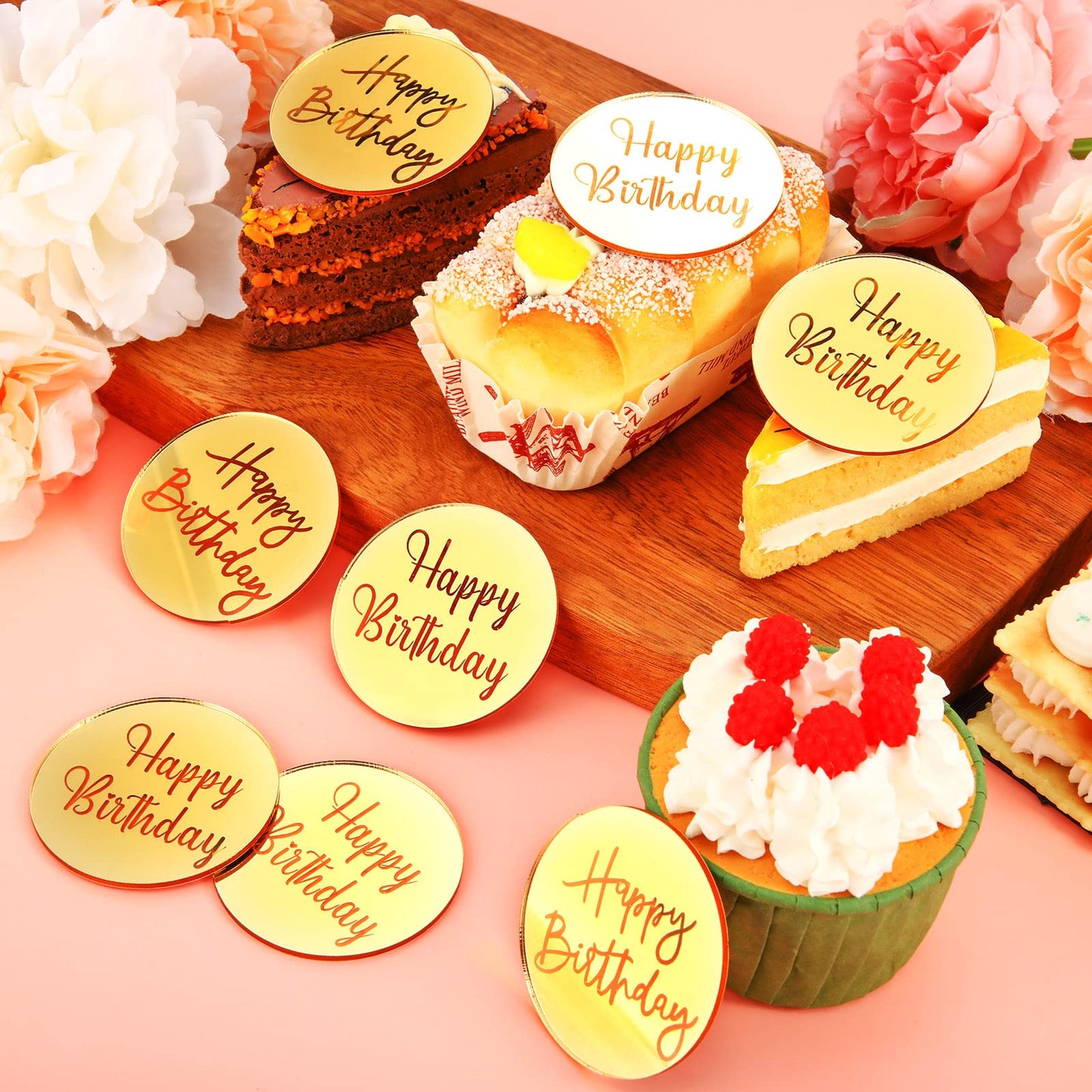 Blulu 20 Pieces Acrylic Cake Toppers Acrylic Mirror Cupcake Disc Acrylic Birthday Cupcake Topper Round Topper Circle Engraved Di