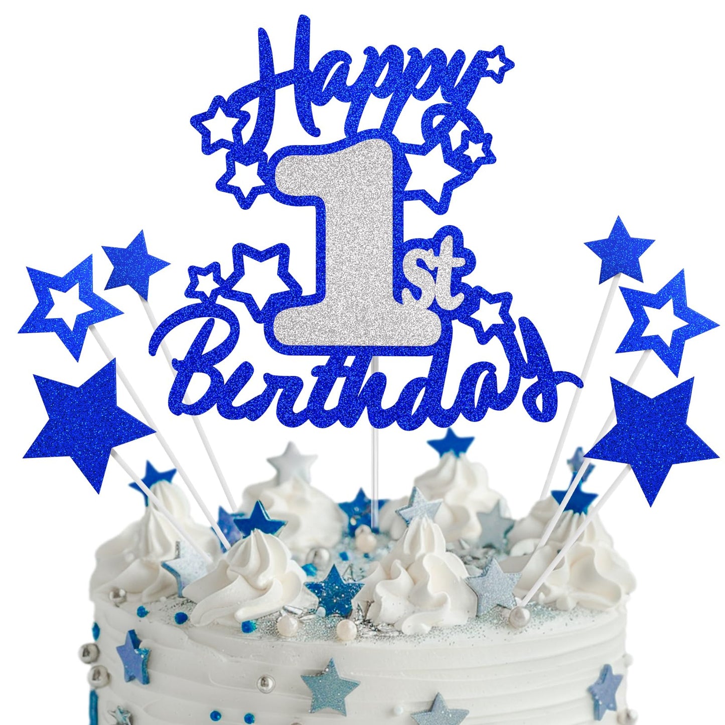 OffiCreative Happy 1st Birthday Cake Topper, Blue Silver Glitter Cardstock Decoration for 1 Year Old Baby Birthday Party