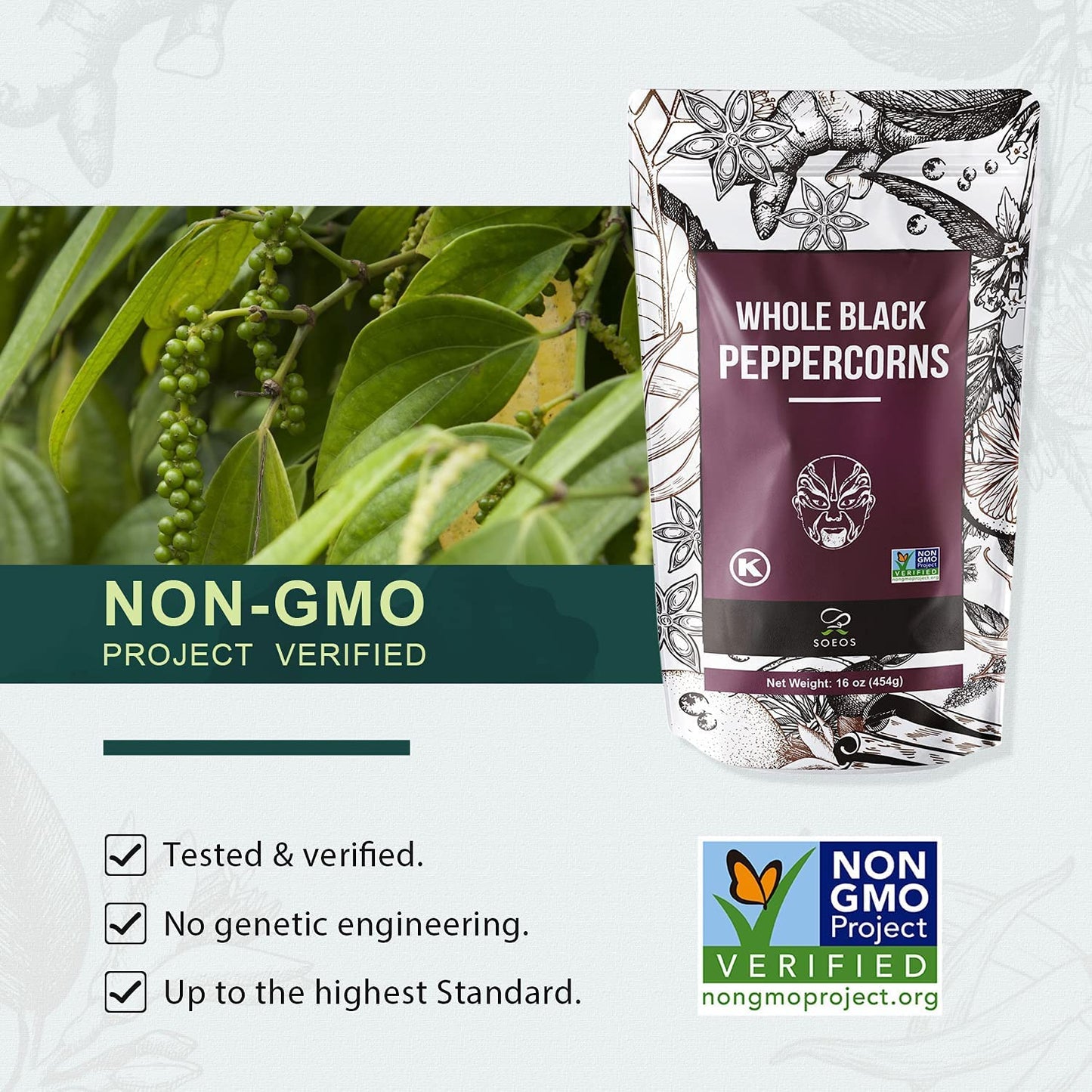 Soeos Whole Black Peppercorns, Non-GMO, Kosher, 16oz (Pack of 1)