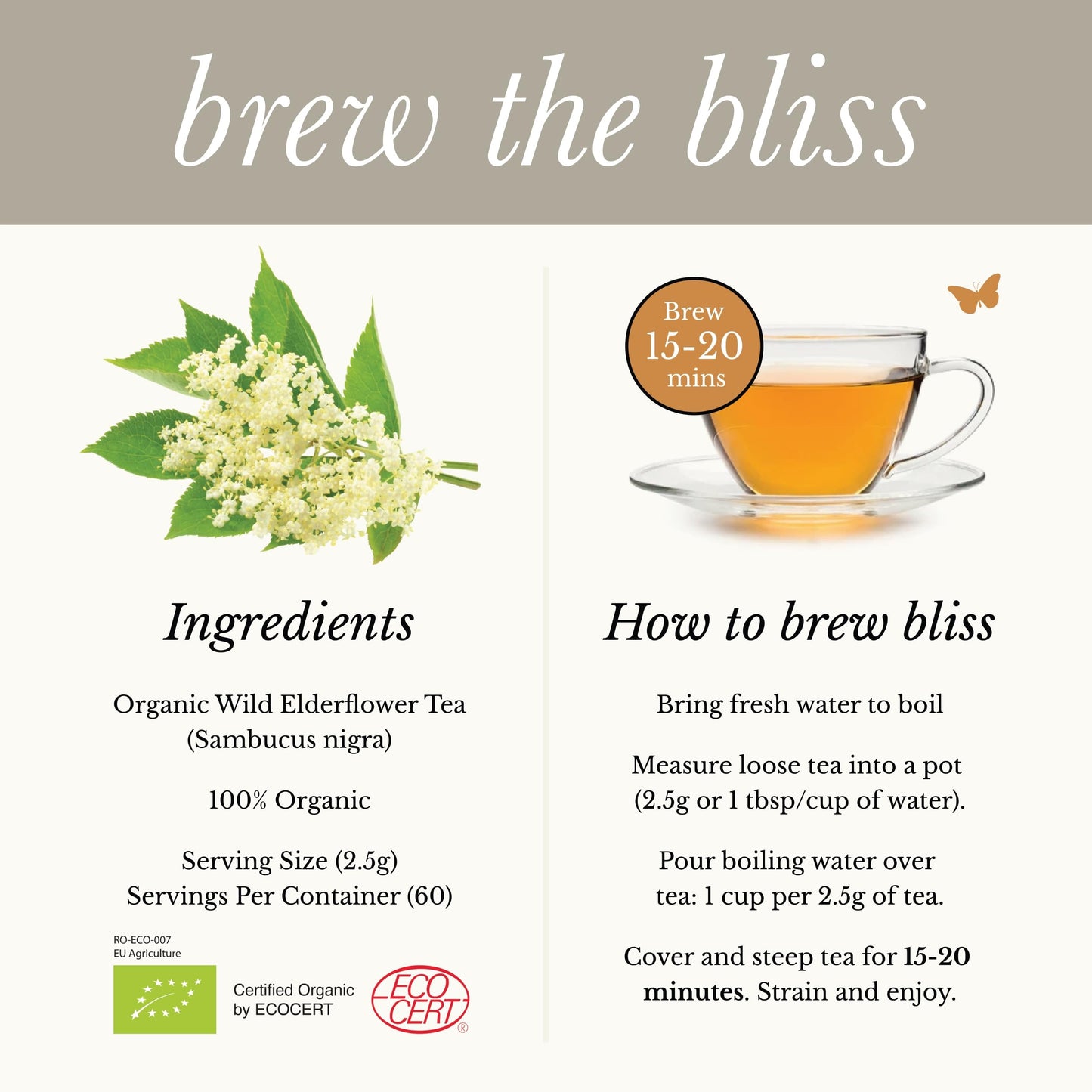 Wild Bliss Organic Elderflower Tea - Caffeine Free Loose Leaf - 60 Servings - 5.29 Ounces