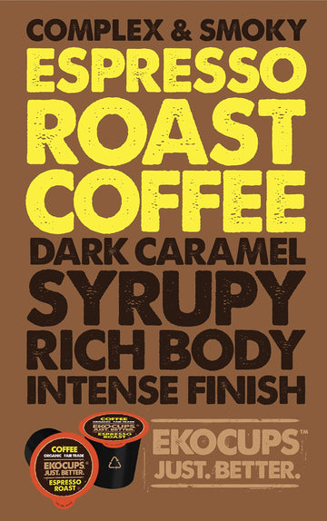 Ekocups Organic Espresso Roast Coffee Pods, Extra 30% More Coffee Per Cup, Artisan Fair Trade Dark Roast, Espresso Coffee For Ke