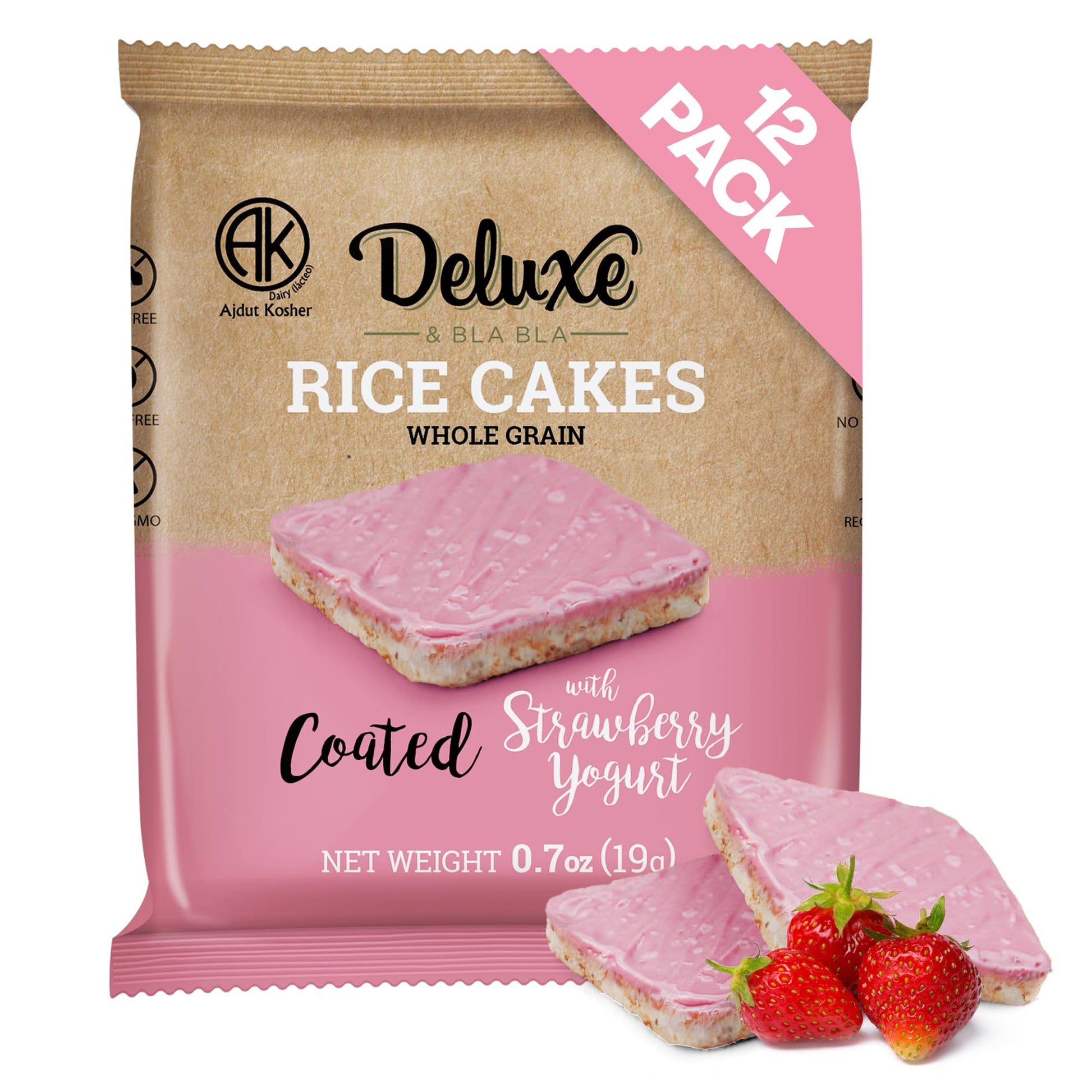 Deluxe & Bla Bla Rice Cakes 12 Pack - Whole Grain, Gluten-Free, Kosher, Low-Calorie Snack - Coated with Strawberry Yogurt - Heal