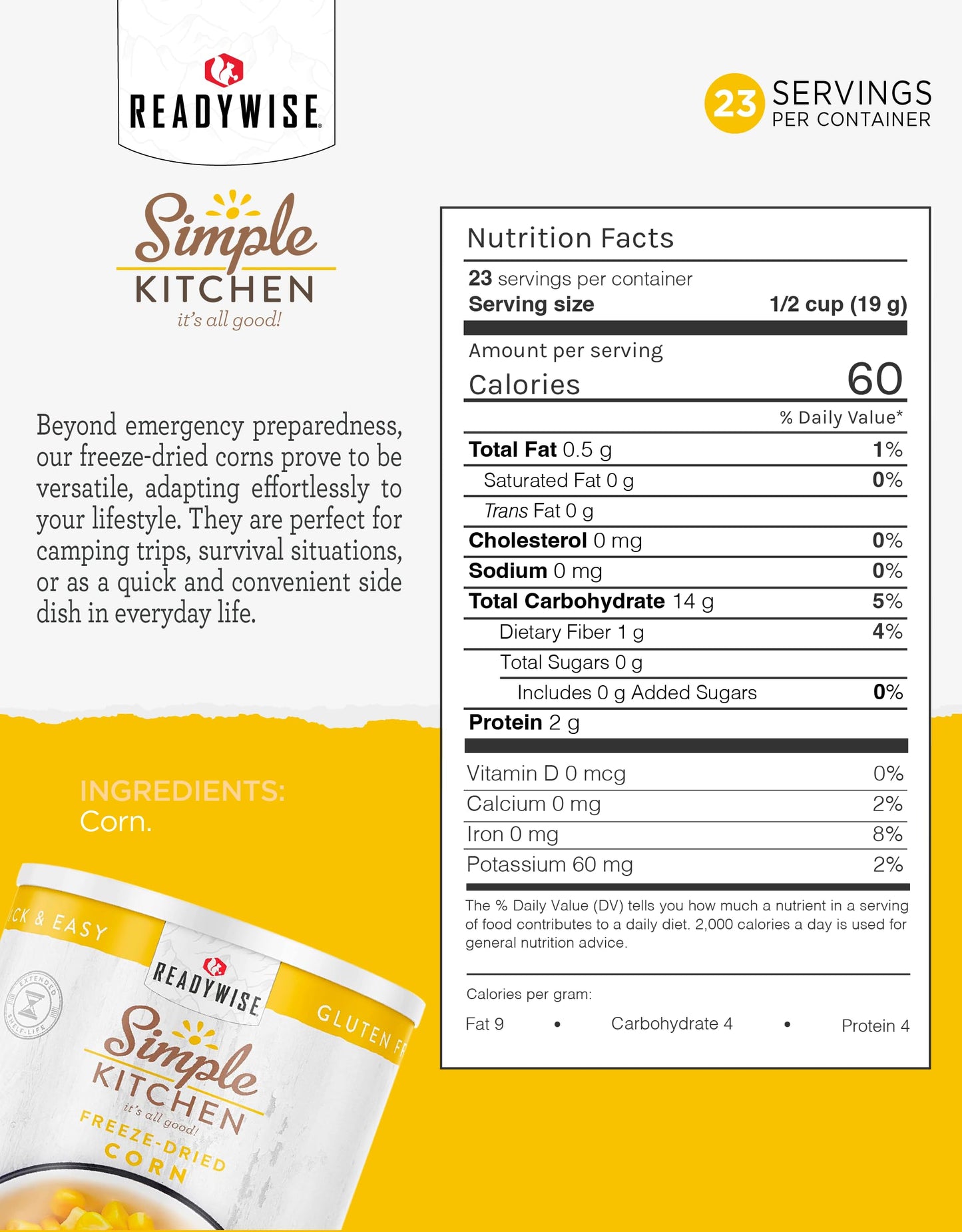 Simple Kitchen Freeze Dried Corn – 23 Servings For Family Meal Prep, Sweet Canned Corn, Gluten Free & Dehydrated Camping Meals, Emergency Survival Food For Backpacking & Hiking, #10 Can Package
