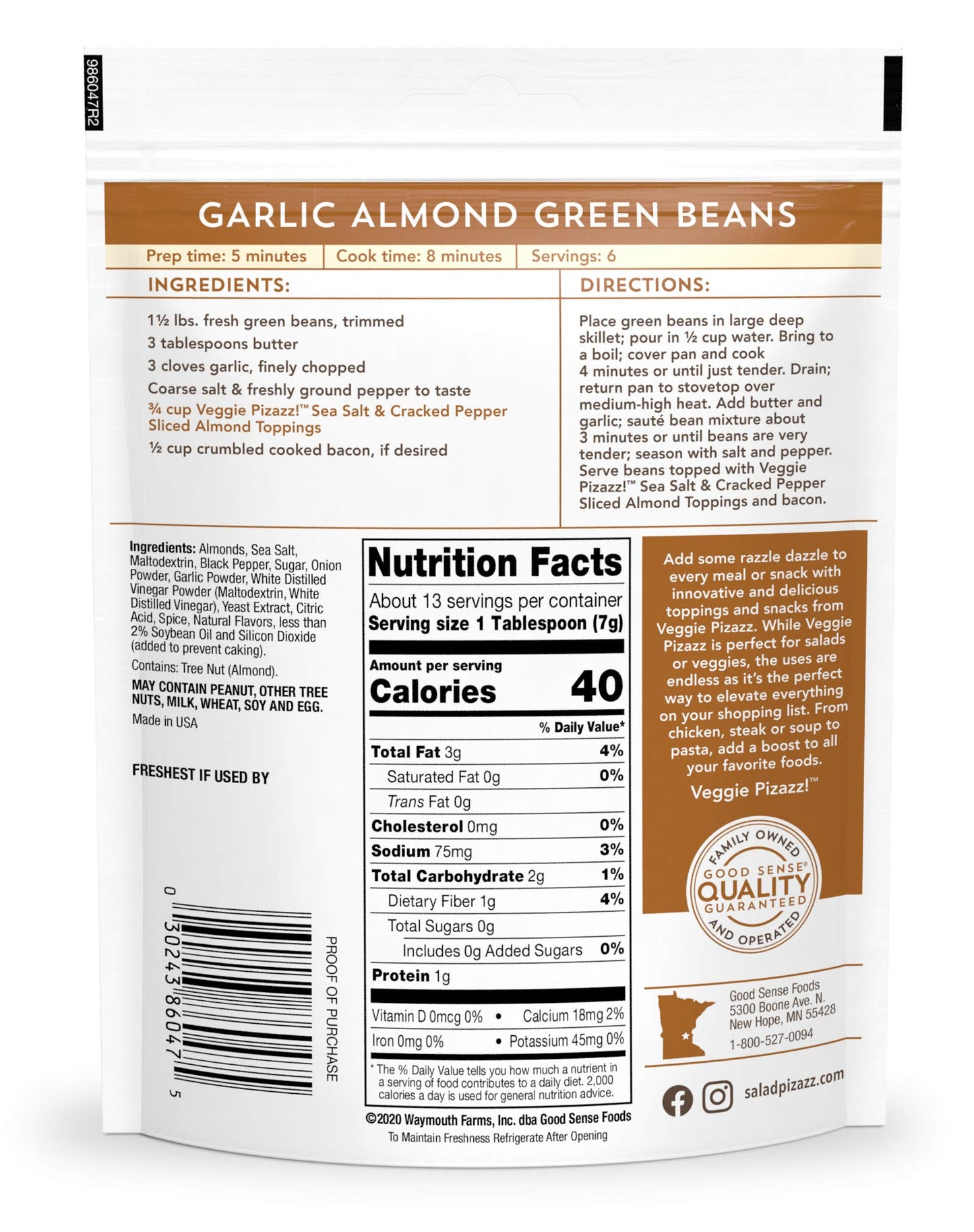 Salad Pizazz Sliced Almonds  Sea Salt ed Pepper  Non-GMO  All-Natural  Kosher Salad Topper  Resealable Bag  3.25 Ounce