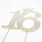 Number 16 Rhinestone Princess Crown Monogram Cake Topper - Sweet 16Th Birthday Party (Gold)